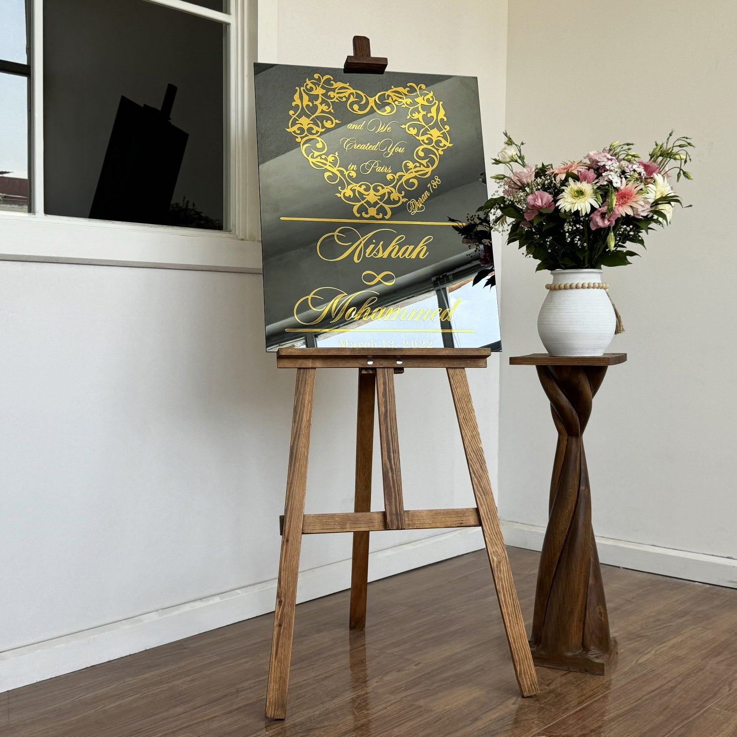 Muslim Wedding Sign - Surah Nebe 8 'We Created You in Pairs' Islamic Calligraphy - Nikkah Mirror Decor for Muslim Couples - Perfect for Wedding Ceremony, Home Decor & Islamic Gift