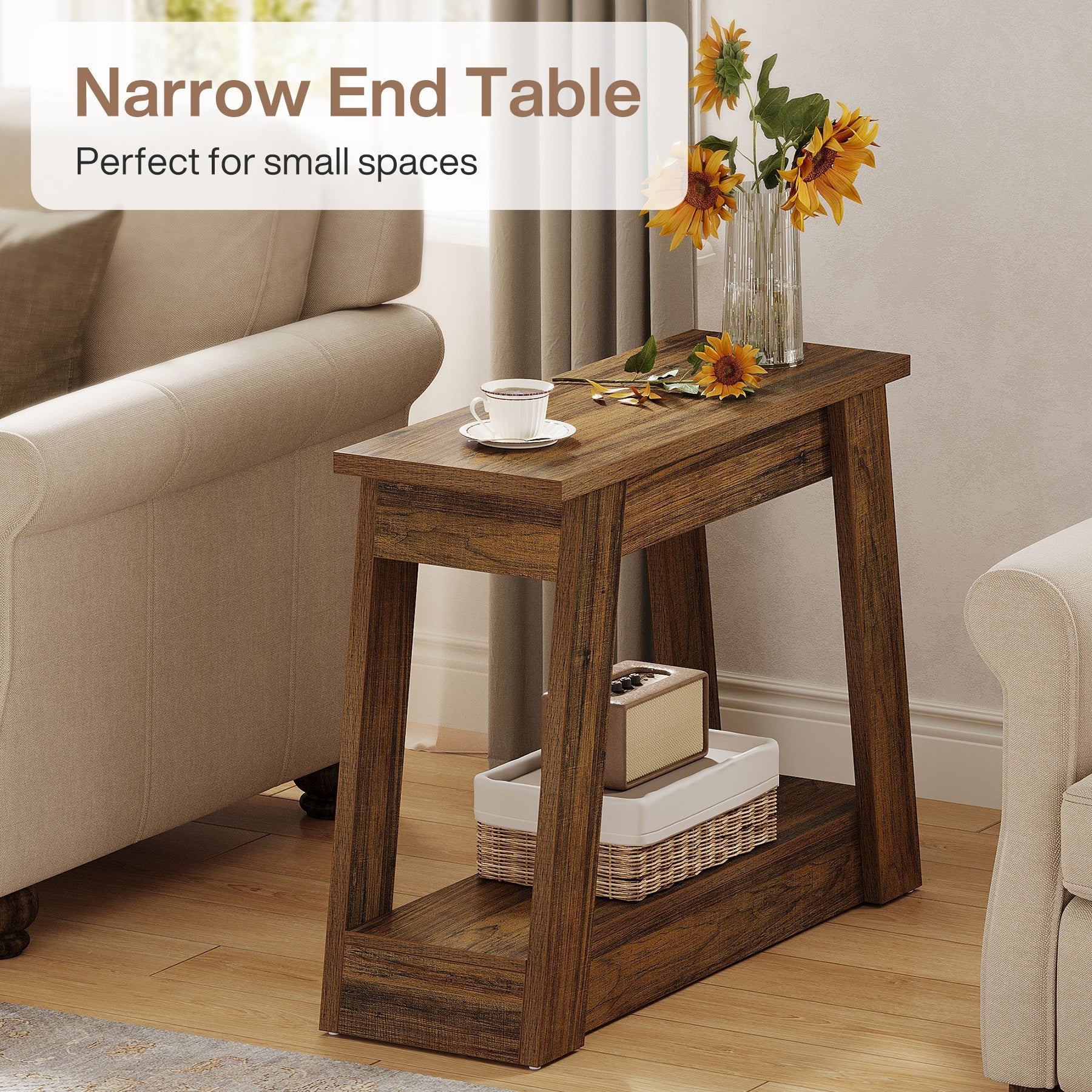 Modern Wood End Table with 2 Storage Shelves - Small Side Table for Living Room, Bedroom & Office - Perfect for Storing Books, Lamps & Decor