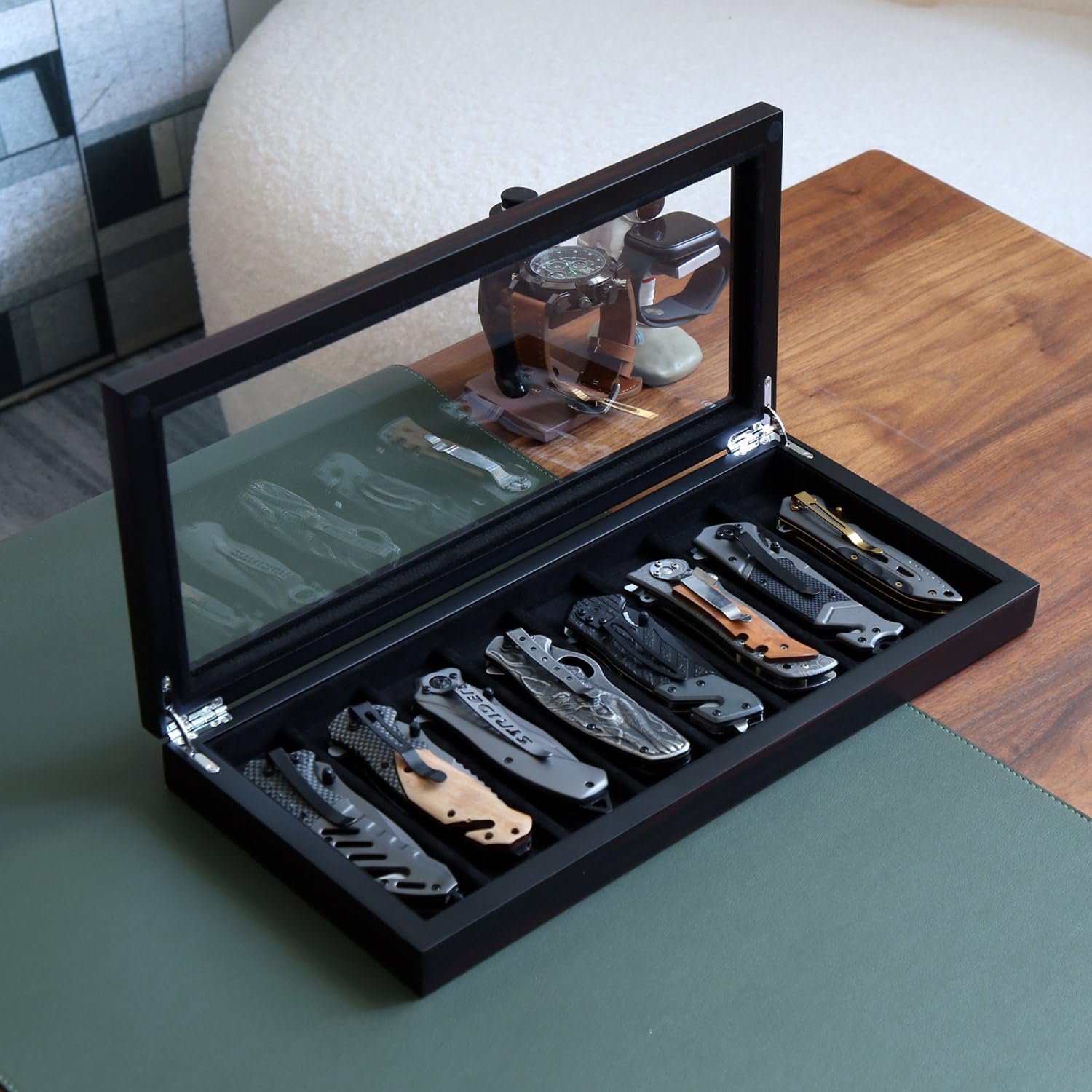 Premium 8-Pocket Knife Display Case with Glass Window - Ebony Finish Knife Storage Box for Collectors - Perfect Gift for Men & Knife Enthusiasts - Ideal for Home Display, Office Decor, and Collection Protection
