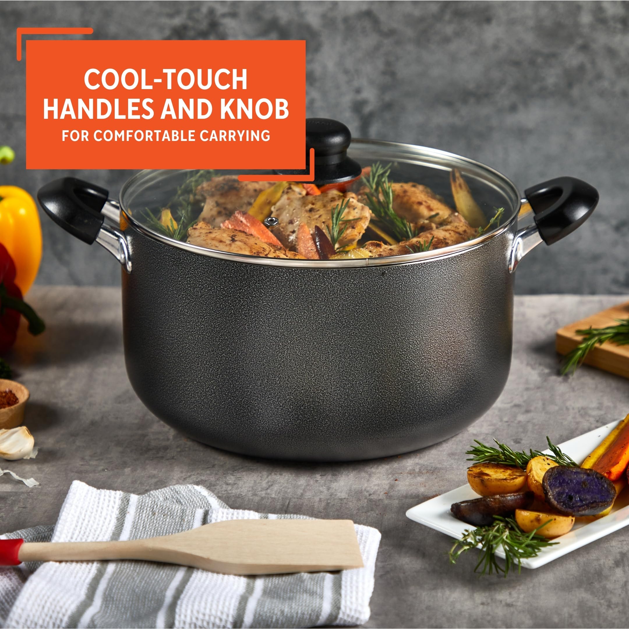 IMUSA USA 10 Quart Nonstick Hammered Exterior Dutch Oven with Glass Lid, Gray - Perfect for Braising, Stewing, and Slow Cooking Soups & Stews