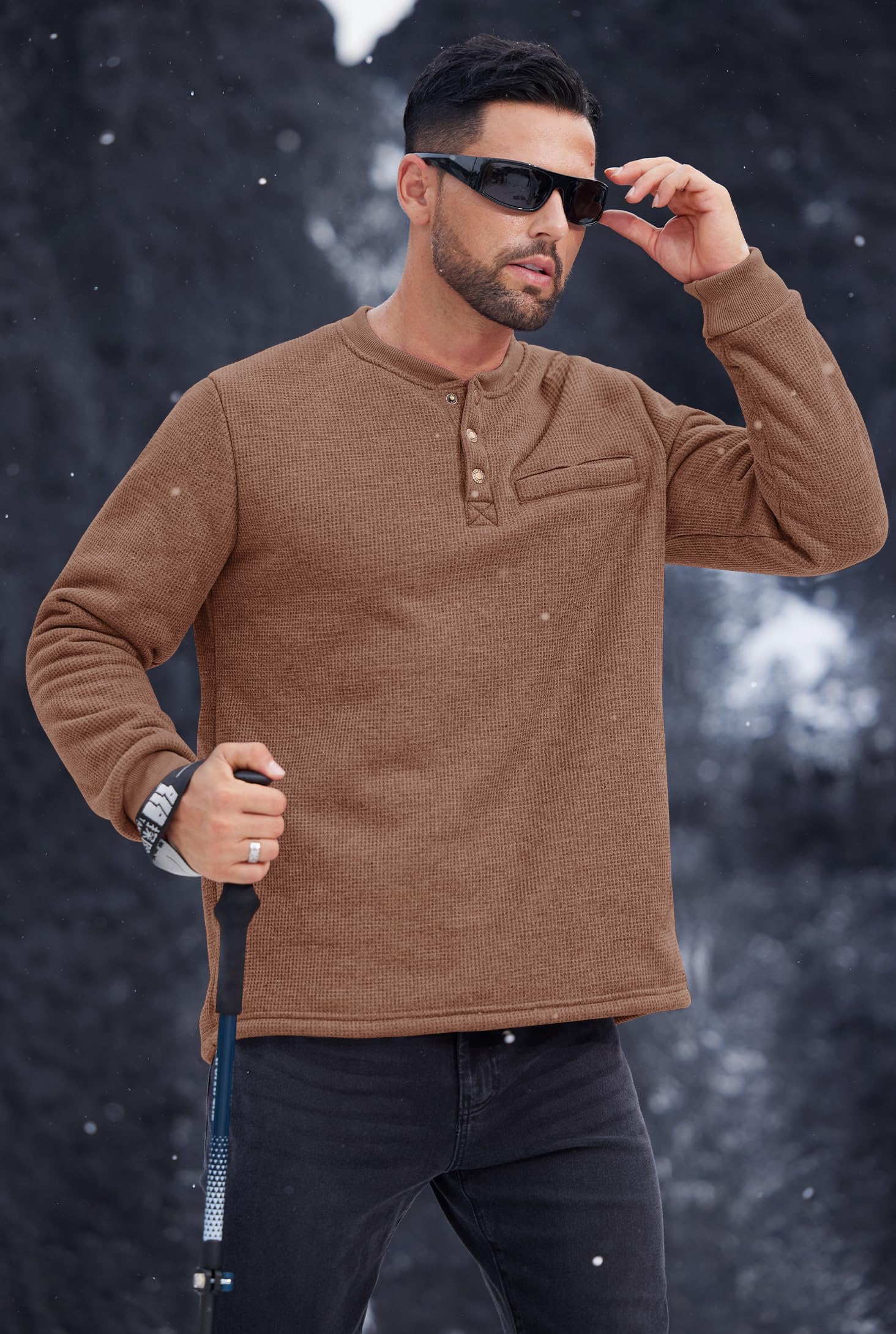 Men's Sherpa Lined Waffle Henley Long Sleeve Thermal Pullover - Winter Casual Shirt (S-XXL) | Warm Fleece Lined Top for Outdoor Activities & Cozy Indoor Wear