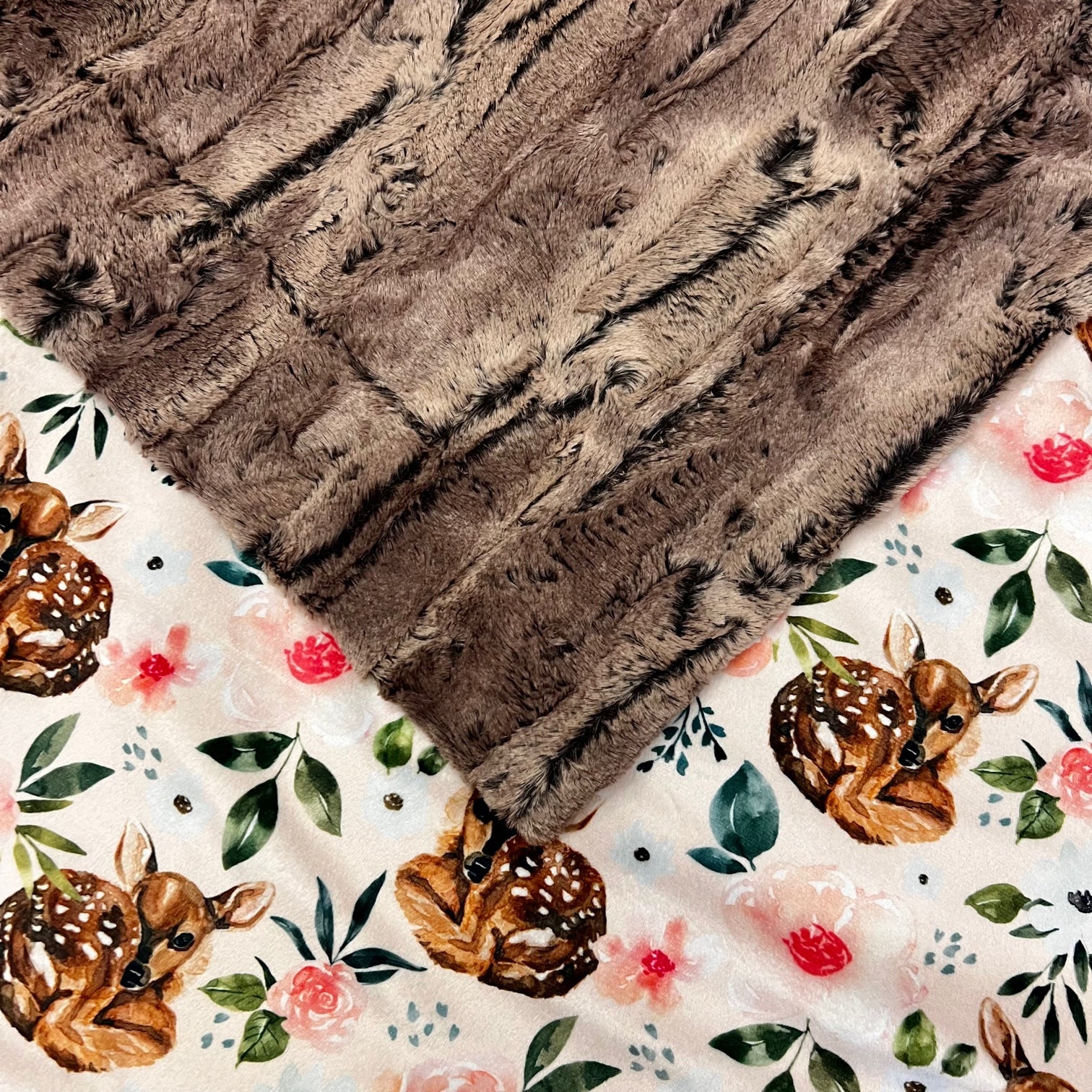 Soft Pink Deer & Floral Minky Baby Blanket 34x45 - Cozy Fox & Chestnut Design for Nursery, Stroller, and Swaddle