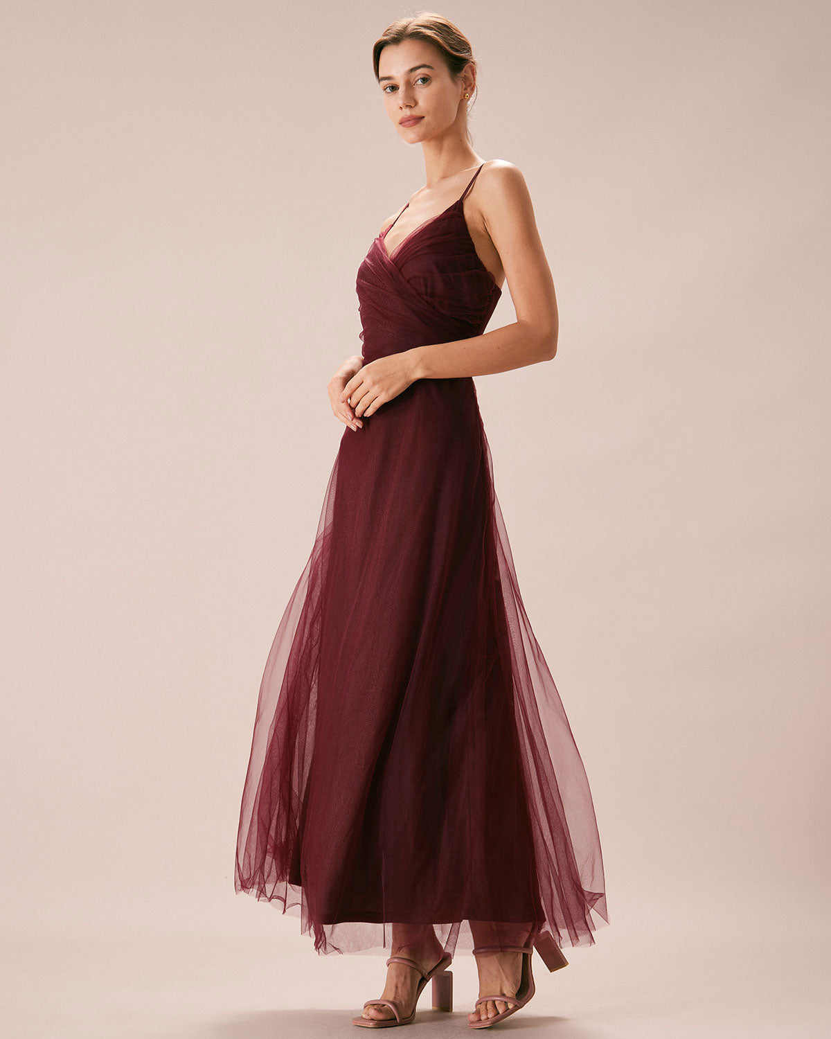 Elegant Wine Red V-Neck Mesh Wrap Maxi Dress for Women - Perfect for Evening Parties, Weddings & Special Occasions