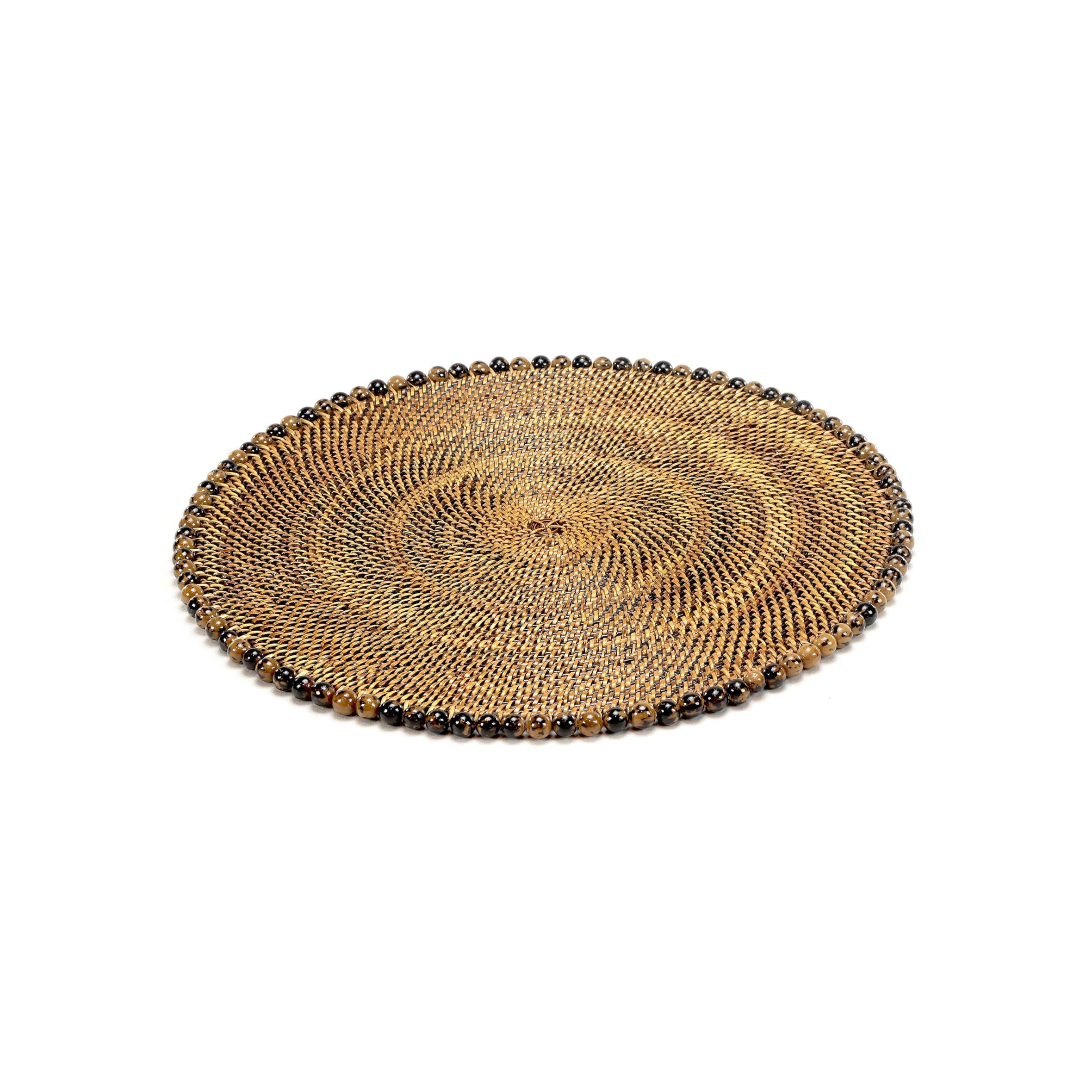 Round Rattan Placemat with Tortoise Beads - Natural Woven Table Mat for Dining, Kitchen Decor, and Party Settings