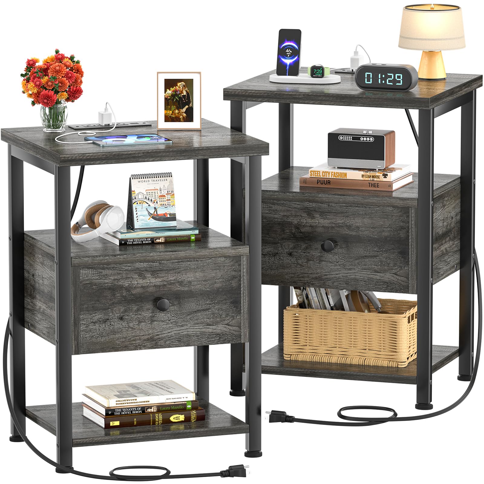 2-Piece Grey Nightstand Set with USB Charging Station & Wood Drawers - Bedside End Tables with Storage for Bedroom & Living Room - Perfect for Phone Charging & Organizing Essentials