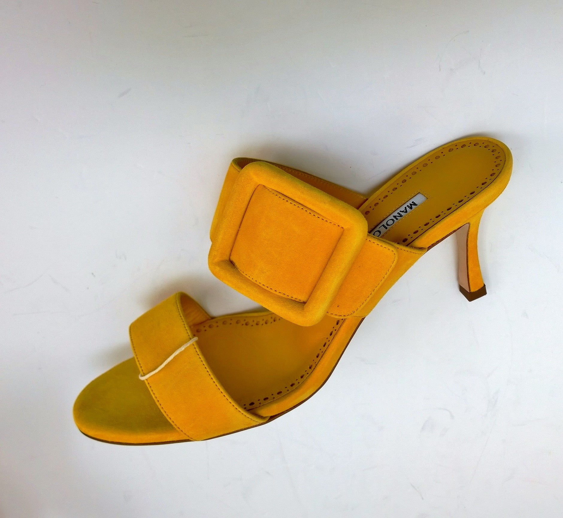 Manolo Blahnik Gable 70 Buckle Slides - Bright Yellow Suede Sandals Heels for Women | Summer Weddings, Beach Parties & Casual Outings