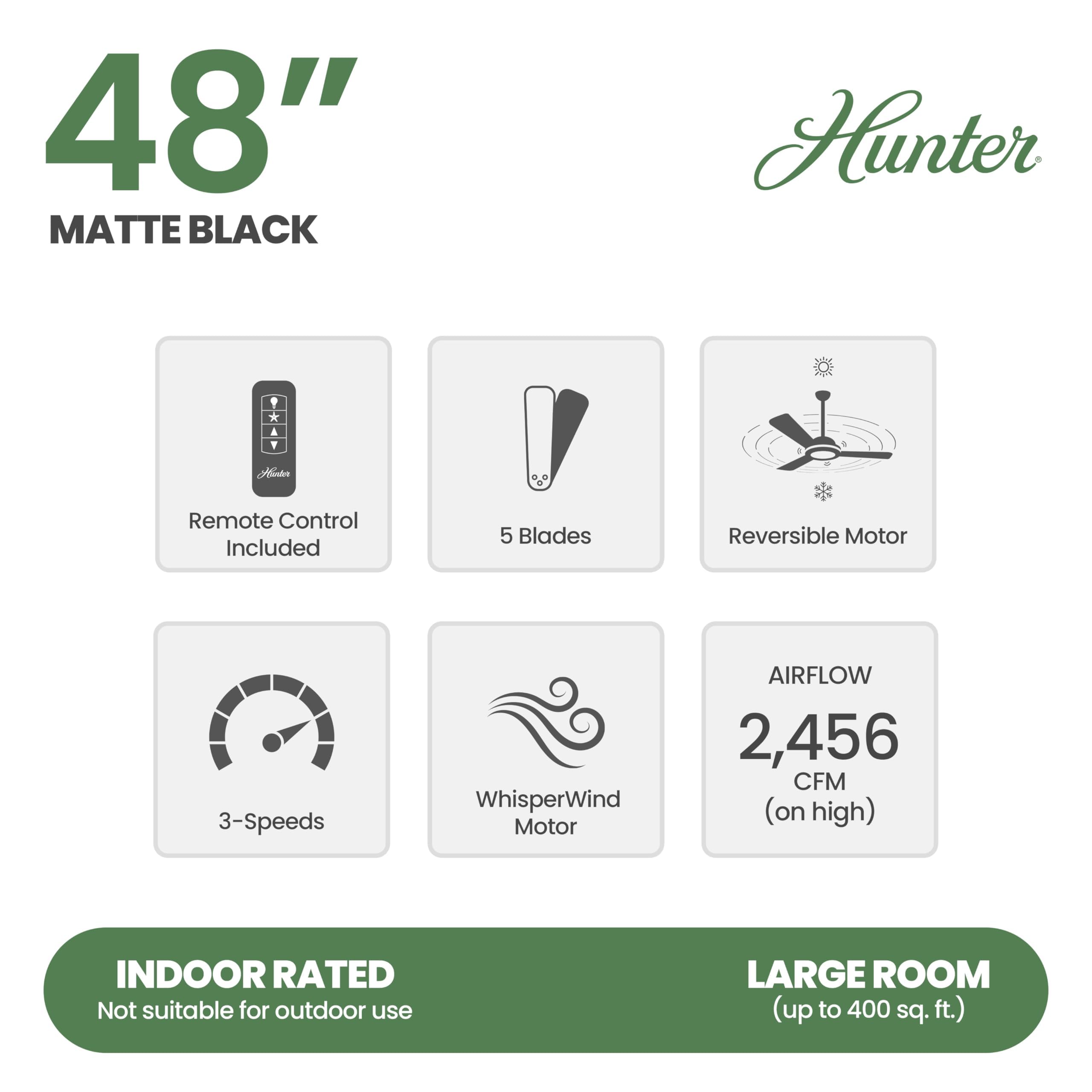 Hunter Fan 48 Inch Black Ceiling Fan with LED Light Kit & Remote Control - Low Profile Energy Efficient Indoor Ceiling Fan for Bedroom, Living Room, Office - Perfect for Home Cooling and Air Circulation