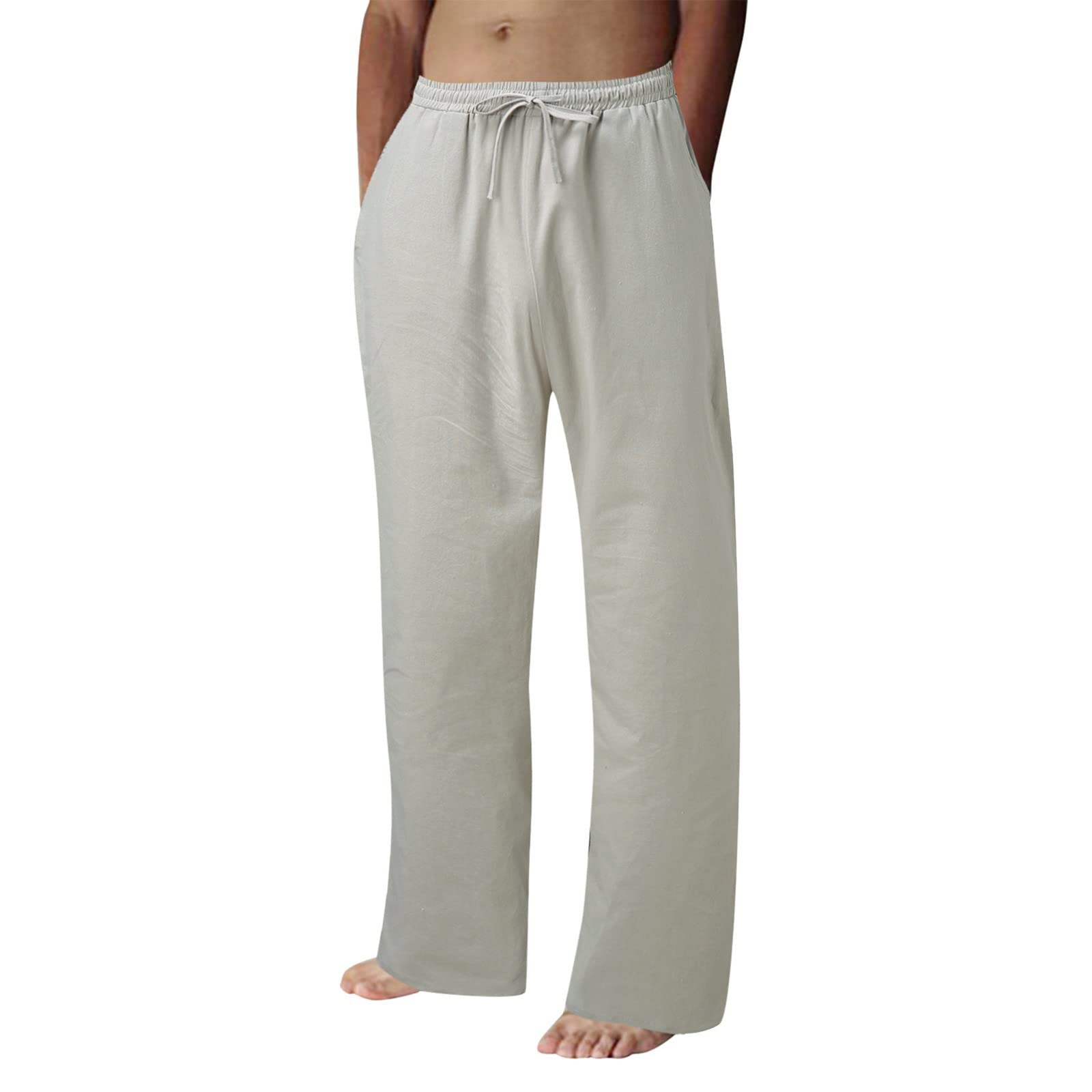 Breathable Cotton Men's Casual Pants - Summer Solid Color Lace-Up Trousers with Pockets | Perfect for Outdoor Activities, Travel & Everyday Wear