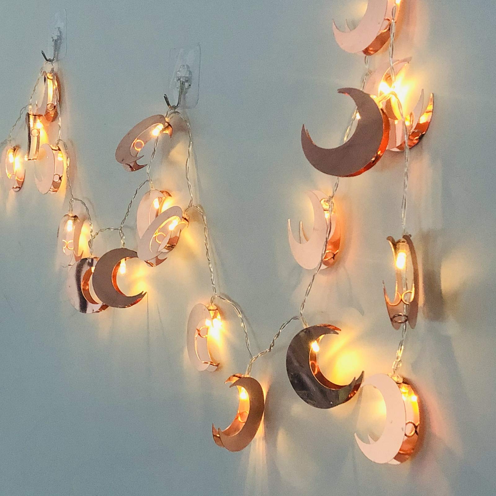 Rose Gold Moon String Lights - 19.7ft 40 LED Battery Powered Fairy Lights with Copper Metal Lanterns for Bedroom, Wedding, Garden Decor | Romantic Ambiance Lighting for Outdoor Patio, Party, Home Decor (Rosa Gold Moon Lights)