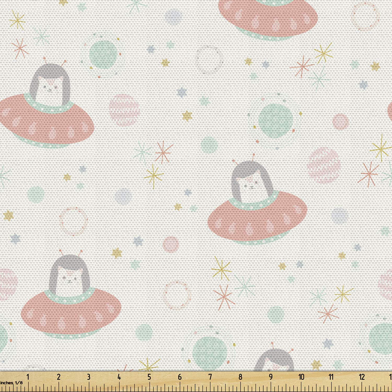 Ambesonne Cartoon Fabric by The Yard - Pastel Space Cats with Stars & Planets Print, Decorative Upholstery Fabric for DIY Home Decor, 1 Yard Eggshell Multicolor | Perfect for Curtains, Pillows & Craft Projects