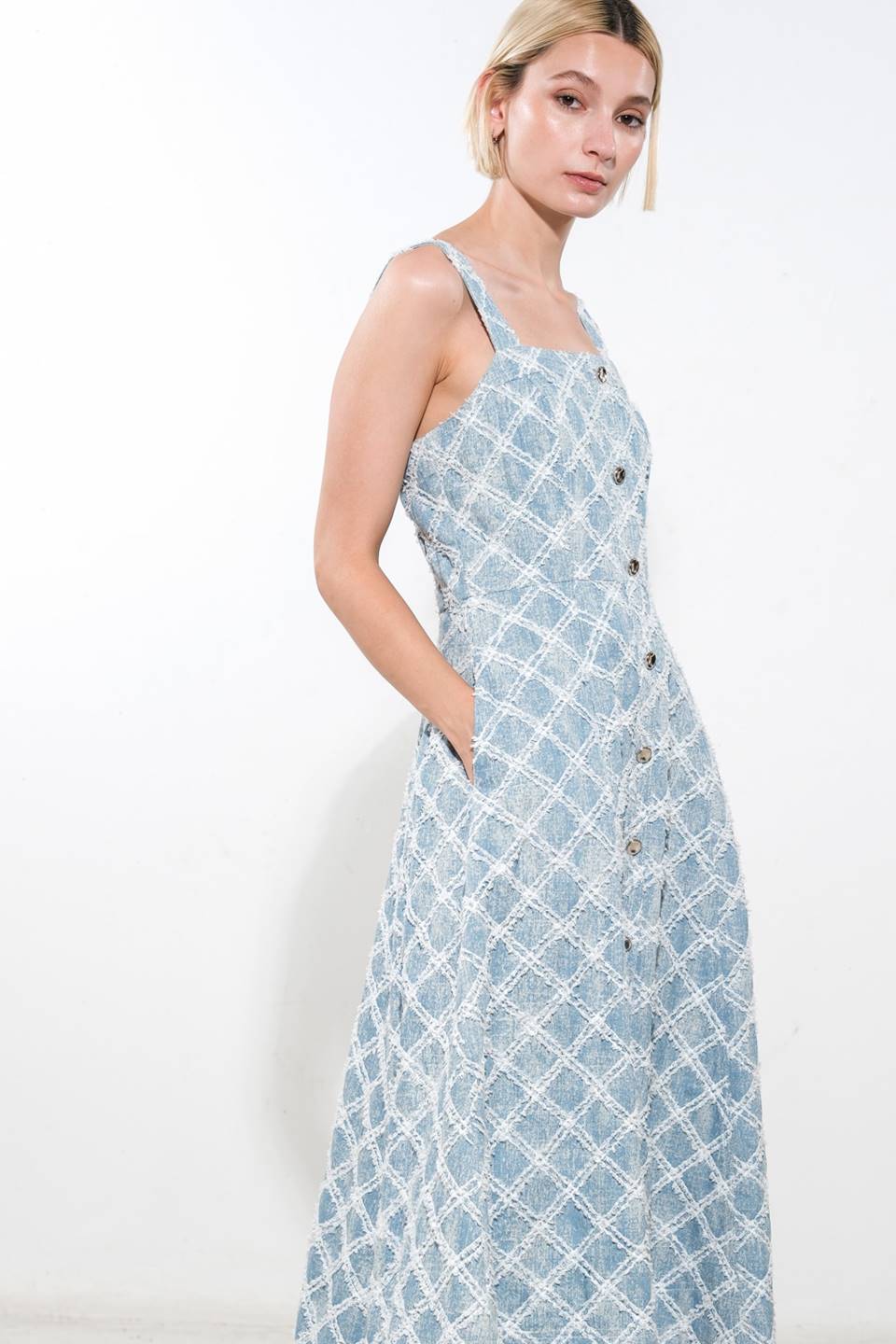 Textured Light Denim Midi Dress for Women - Casual Boho Chic Style - Perfect for Summer Outings, Beach Vacations & Date Nights