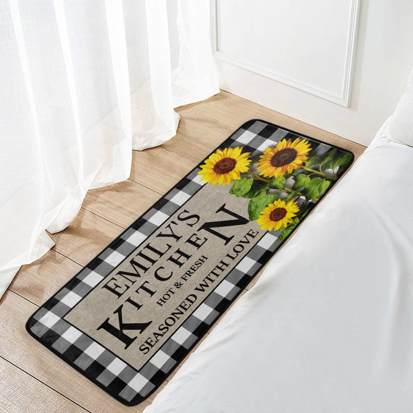 Non-Slip White Buffalo Plaid Kitchen Rug - Cushioned Anti-Fatigue Farmhouse Floor Mat with Sunflower Design (39x20 Inches) - Perfect for Kitchen, Laundry Room & Standing Work Areas | Personalized Home Decor Gift