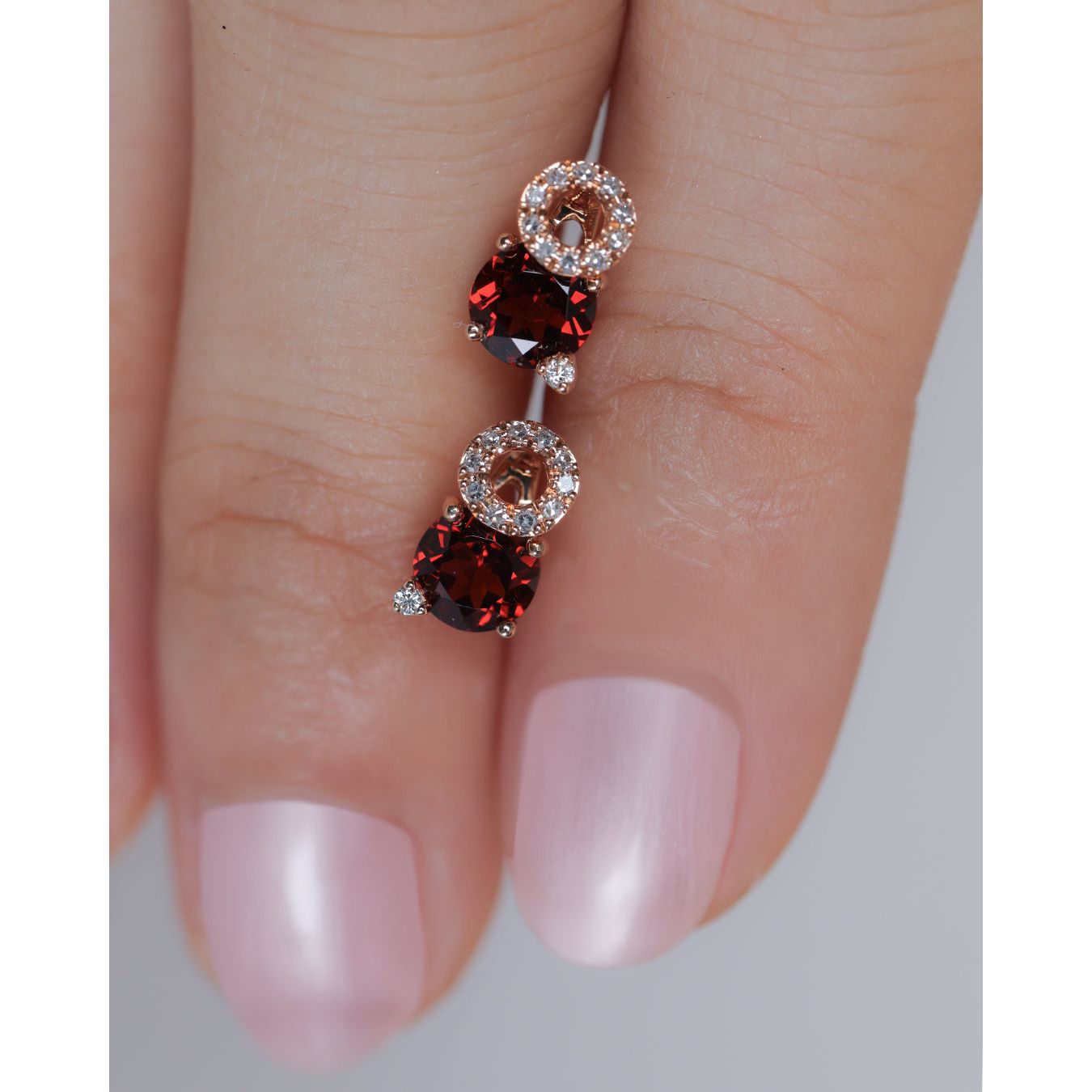 14k Rose Gold Stacked Diamond and Garnet Stud Earrings - Elegant Solitaire Jewelry for Women, Perfect for Weddings, Anniversaries & Special Occasions