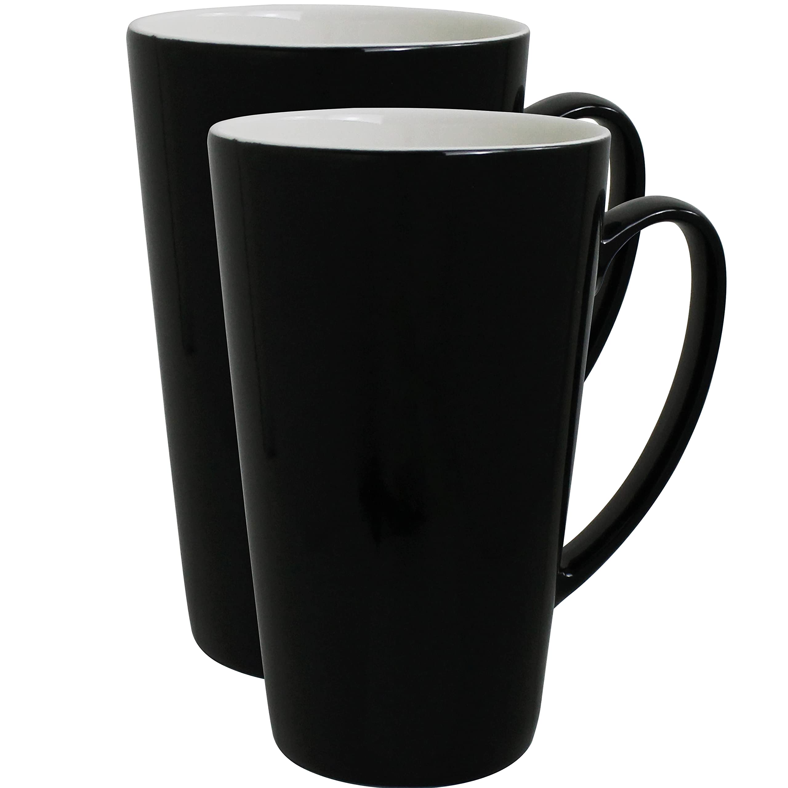 Premium 15oz Black and White Ceramic Coffee Mugs with Oversized Handles - Set of 2 Tall Funnel Cups for Home, Office, or Cafe Use - Ideal for Latte, Cappuccino, and Hot Beverages