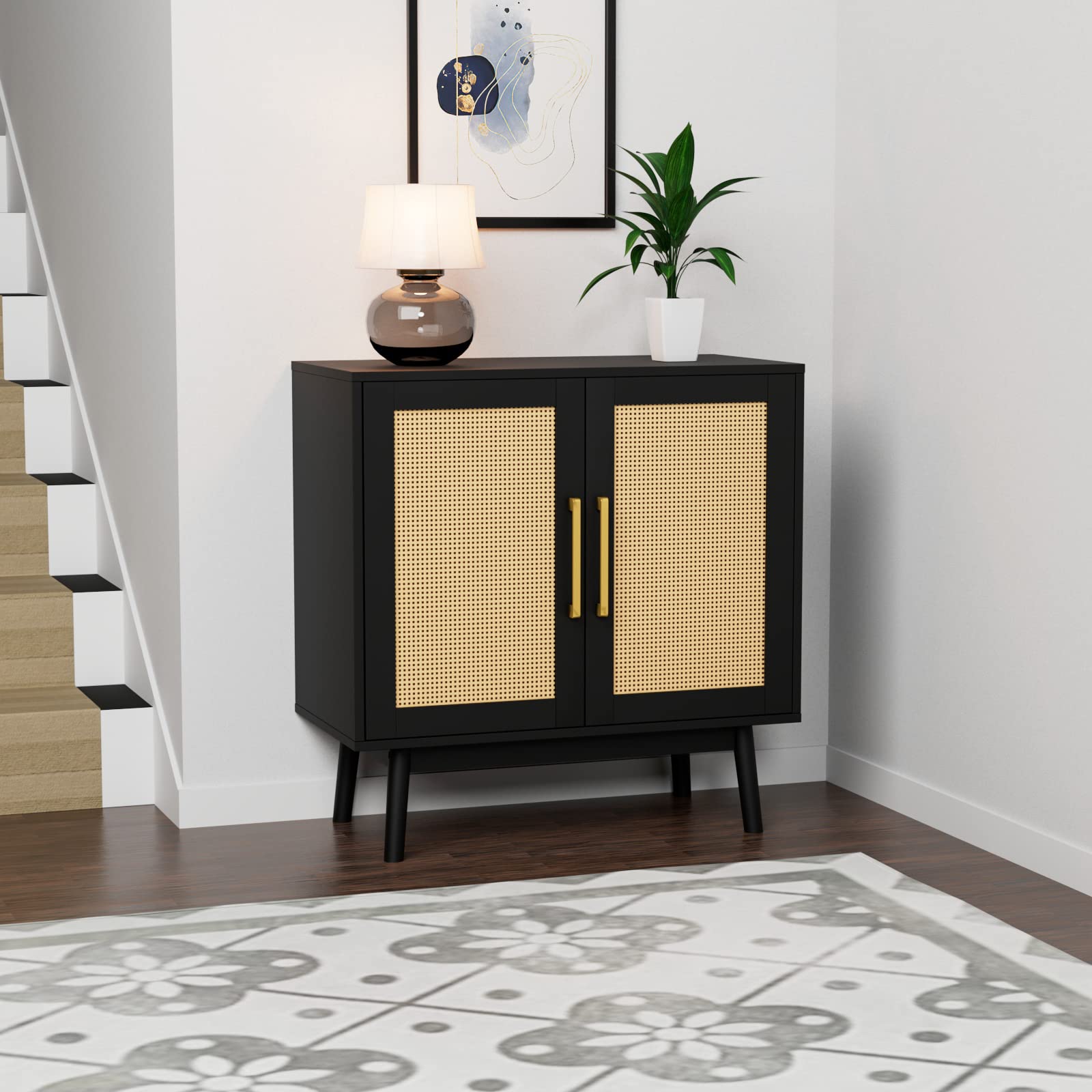LYNSOM 2-Piece Buffet Cabinet Set with Rattan Doors & Solid Wood Feet - Stylish Sideboard Storage Cabinet for Living Room, Entryway, Hallway - Perfect for Dining Room Storage & Home Decor (Black)