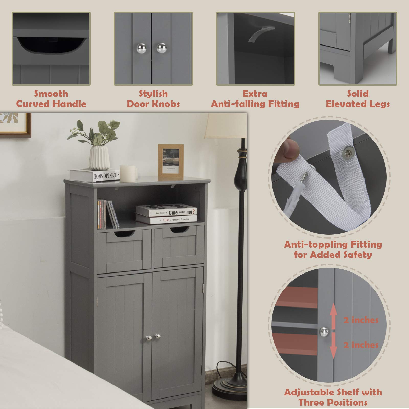 GLACER Multifunctional Floor Storage Cabinet with Removable Drawers & Adjustable Shelf - 24x12x43 Inches, Grey - Perfect for Bathroom Organization, Living Room Decor, Kitchen Storage & Entryway Solutions