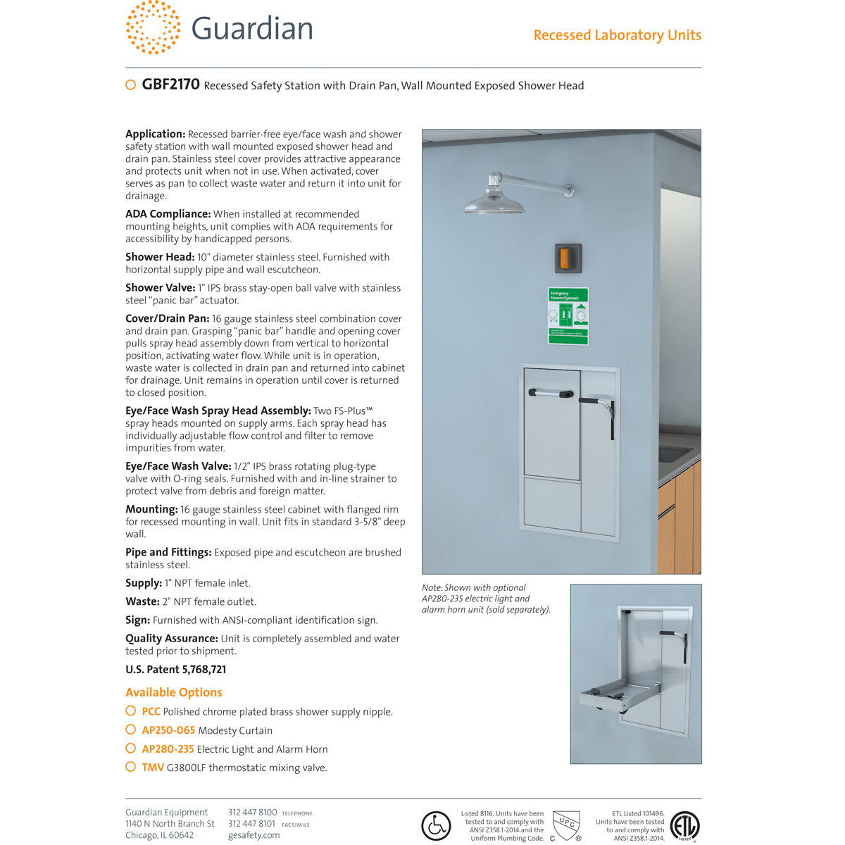 Guardian GBF2170 Recessed Safety Station with Drain Pan - Wall Mounted Exposed Shower Head for Bathroom, Commercial & Industrial Use
