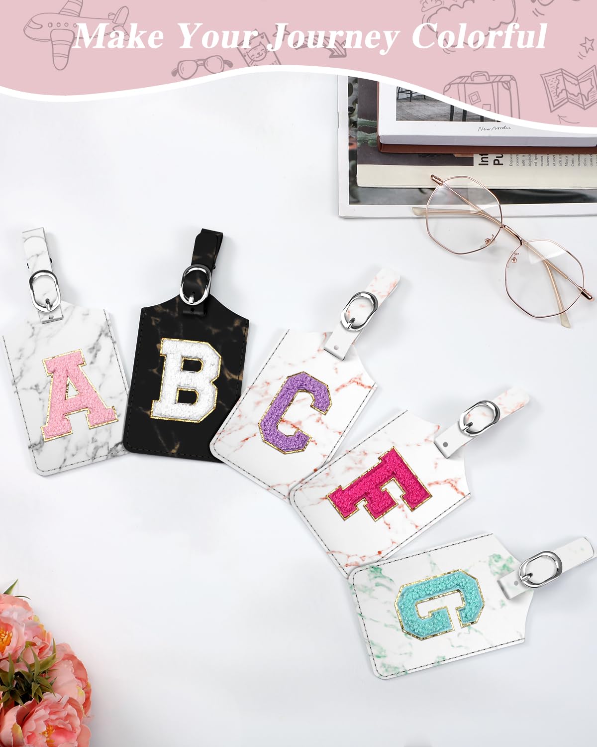 Fintie Personalized Monogrammed PU Leather Luggage Tag - Embroidered Travel Bag Label for Suitcase, Handbag & Backpack (Marble Pink, Letter C) - Perfect for Air Travel, Cruise Vacations & Business Trips