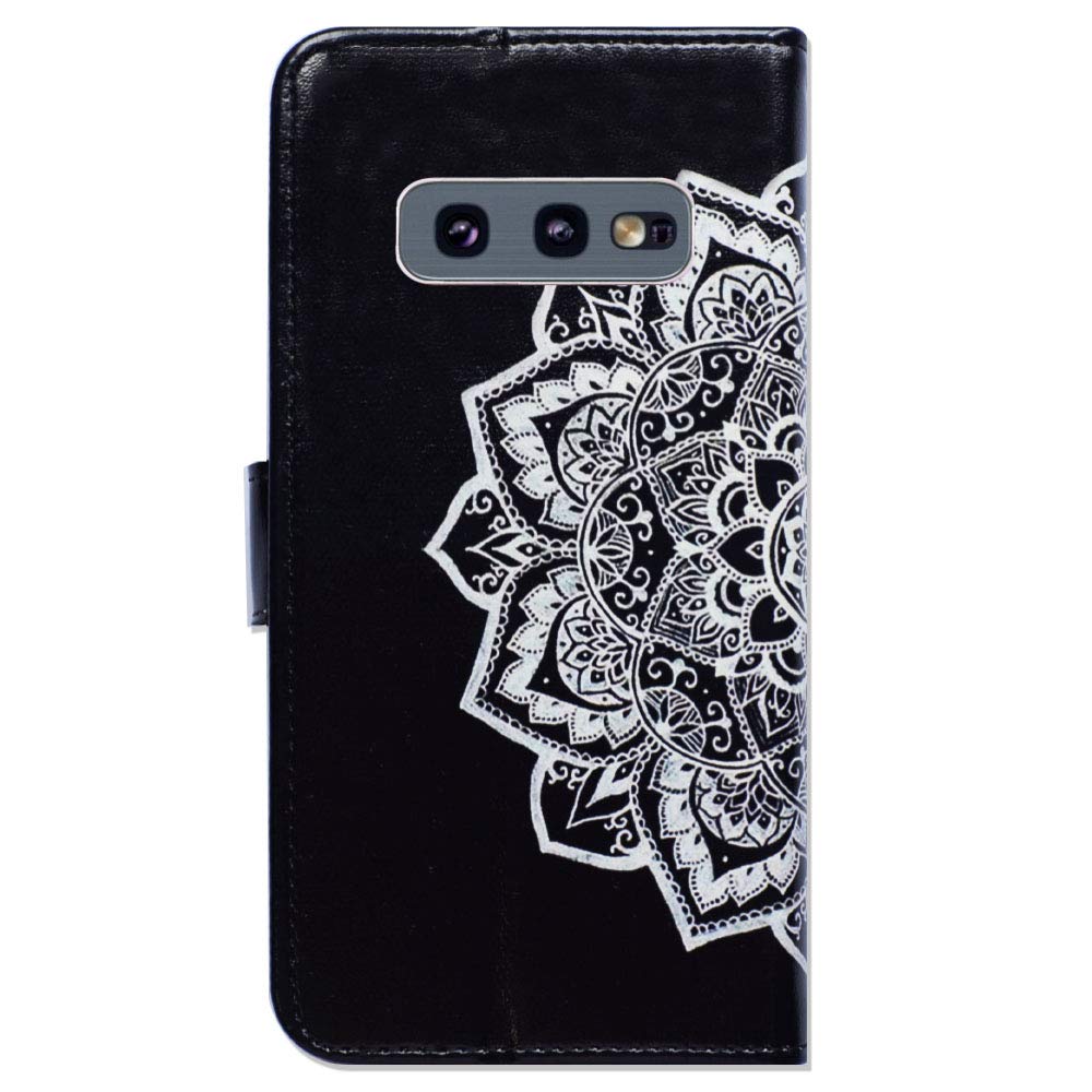 Premium Leather Wallet Case for Samsung Galaxy S10e - Black with White Mandala Design, Credit Card Holder, ID Slot & Kickstand | Perfect for Work, Travel & Daily Protection