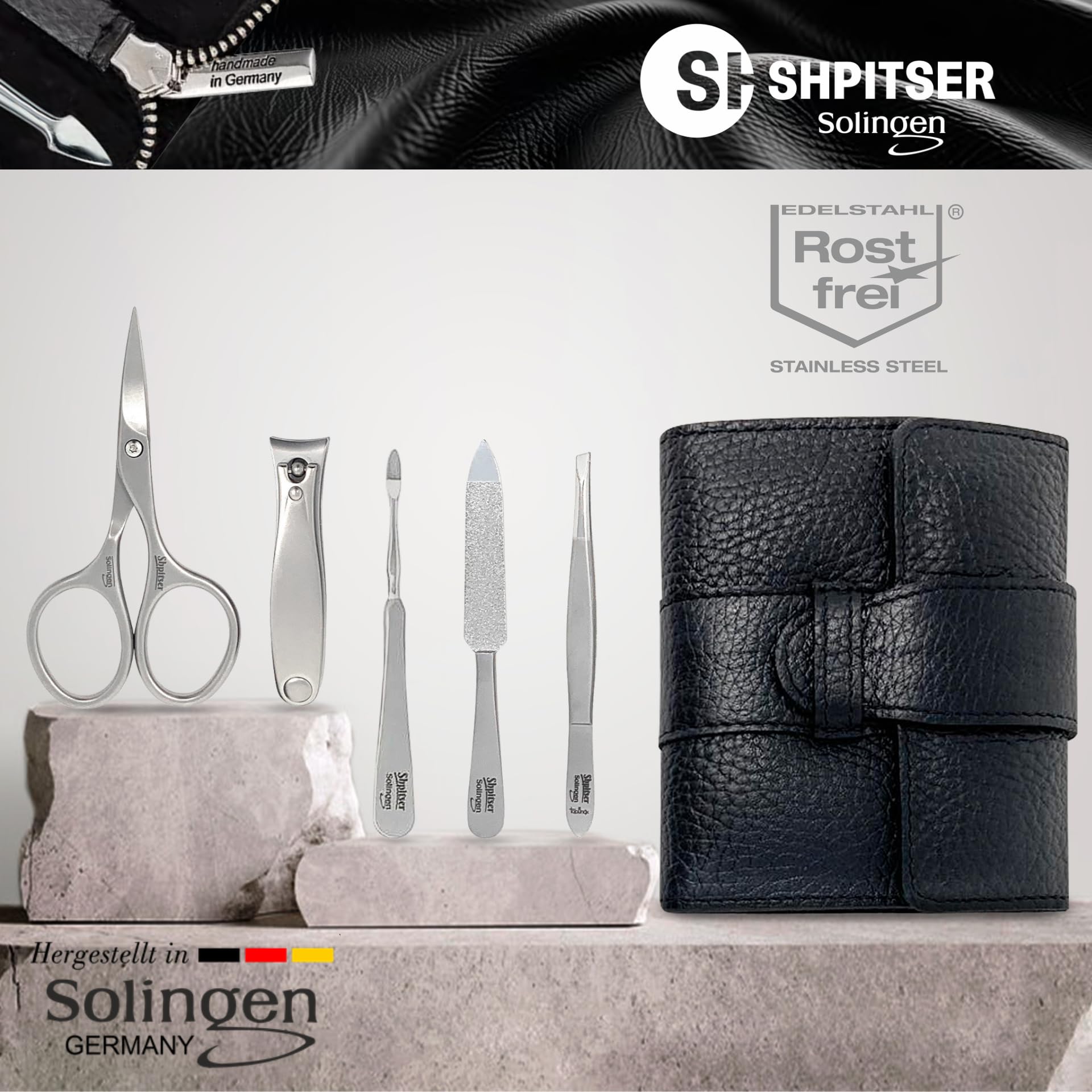 Premium Shpitser Nail Kit - Professional 5-Piece Manicure & Pedicure Set with Stainless Steel Scissors, Clippers, Tweezers, Nail Cleaner & File | German Crafted Solingen Steel | Luxury Black Italian Leather Case | Perfect for Home Spa, Travel & Gift Giving