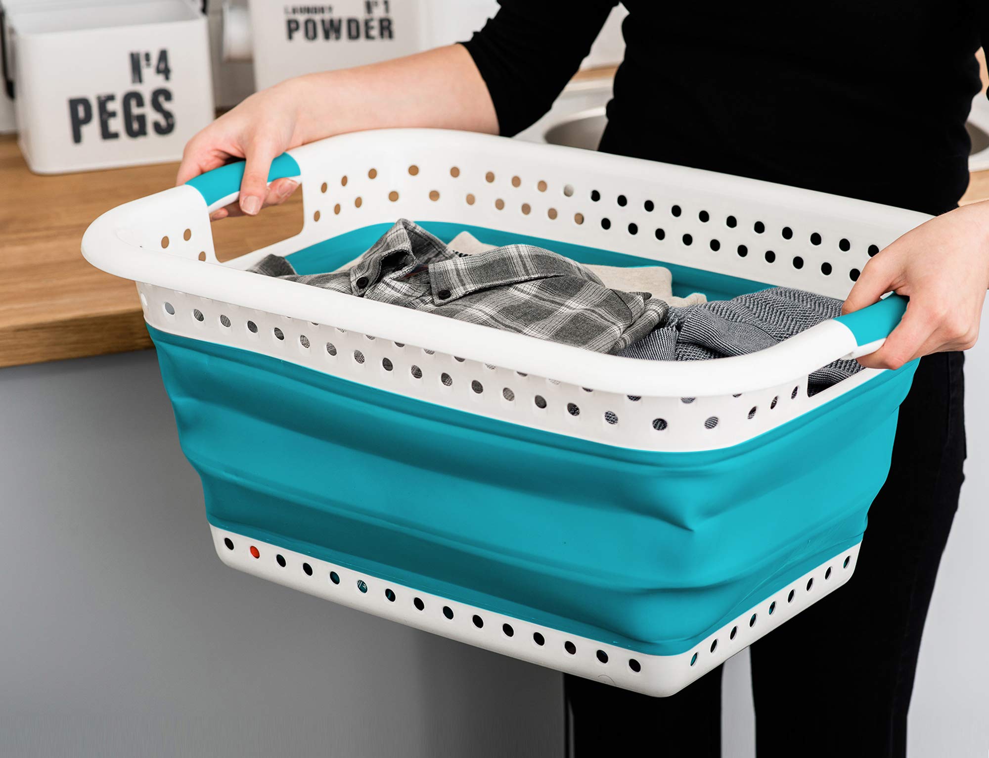 LIVIVO Collapsible Laundry Basket - 58L Large Capacity Foldable Washing Bin with Comfortable Handles - Space Saving Storage Solution for Laundry Room, Dorm, RV & Travel (Turquoise)