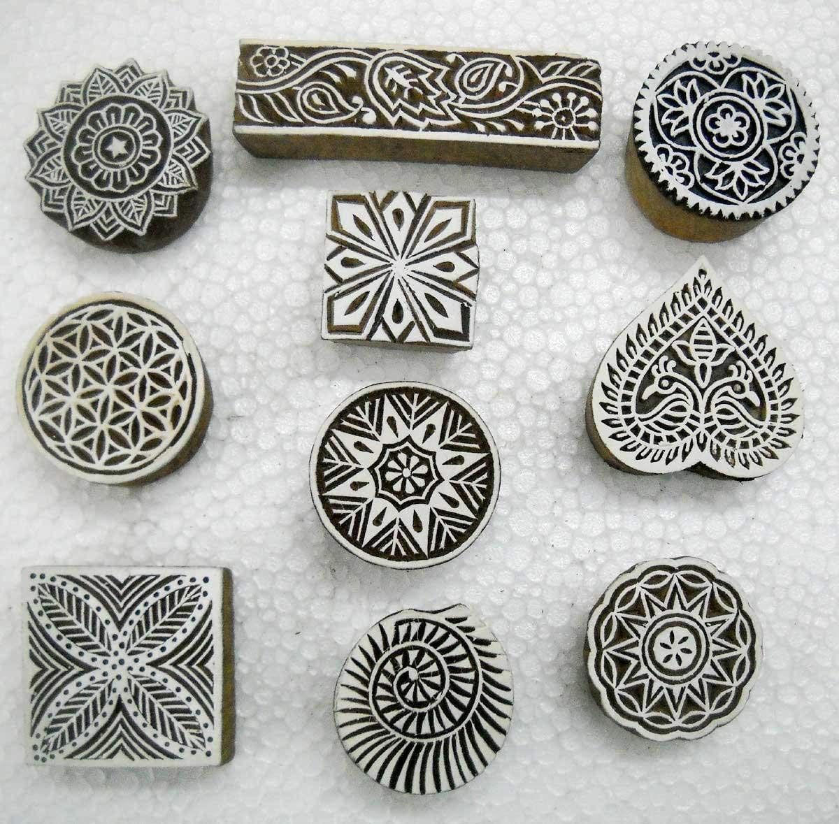 10-Piece Wooden Block Stamp Set for DIY Crafts, Fabric Printing & Henna Tattoos - Traditional Indian Textile Design Stamps for Scrapbooking, Card Making & Home Decor