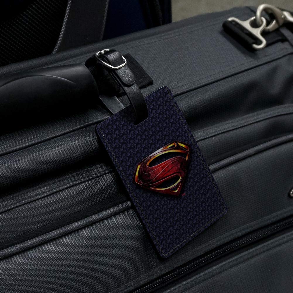 Justice League Superman Logo Leather Luggage Tag - Rectangle ID Card Holder for Travel Bags, Suitcases & Backpacks - DC Comics Movie Merchandise Gift for Fans