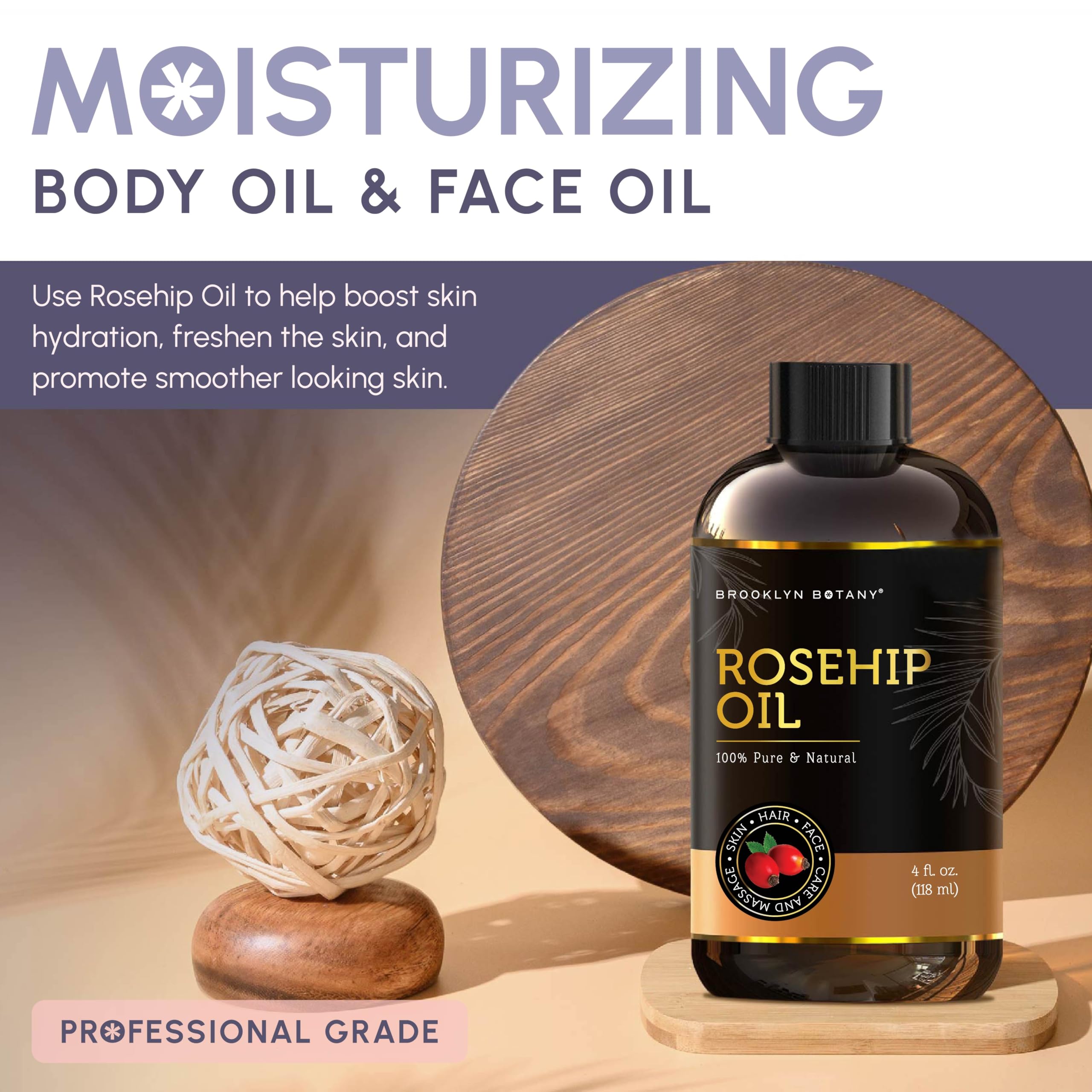 100% Pure Natural Rosehip Seed Oil for Face, Skin & Hair - Cold Pressed Carrier Oil for Essential Oils, Aromatherapy, Massage & Body Care - 4 Fl Oz - Perfect for Dry Skin Treatment, Anti-Aging & Hair Growth