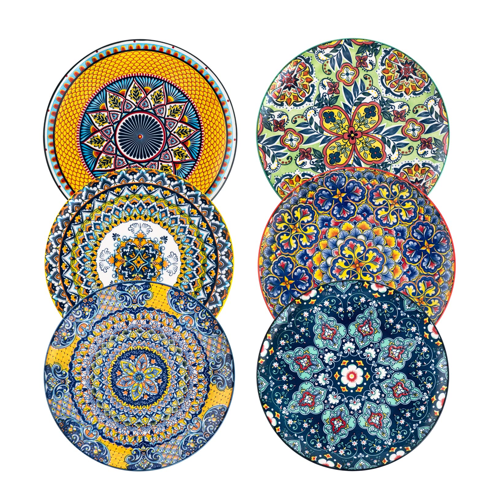 HENXFEN LEAD 10.5 Inch Porcelain Dinner Plates Set of 6 - Microwave & Oven Safe Colorful Serving Dishes for Pasta, Salad, Dessert | Bohemian Style Kitchen & Restaurant Dishware | Perfect for Daily Meals, Parties, and Fine Dining