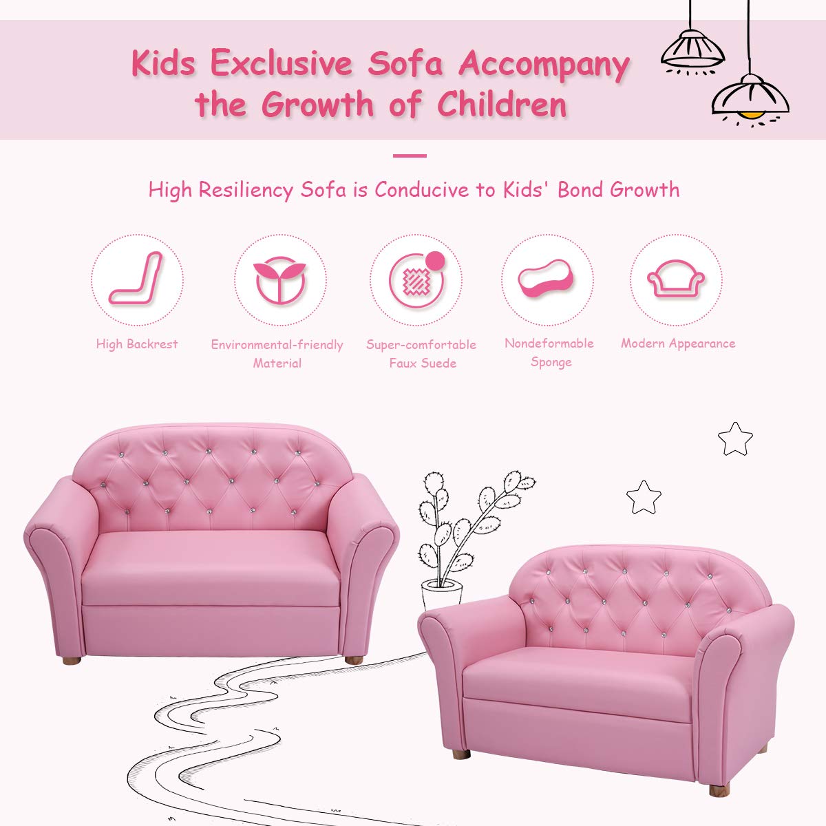 Costzon 2-in-1 Kids Couch with PU Leather Surface - Princess Style Toddler Armchair & Loveseat for Girls | Perfect for Bedroom, Playroom & Birthday Gifts | Durable Children's Sofa for Reading, TV Time & Play
