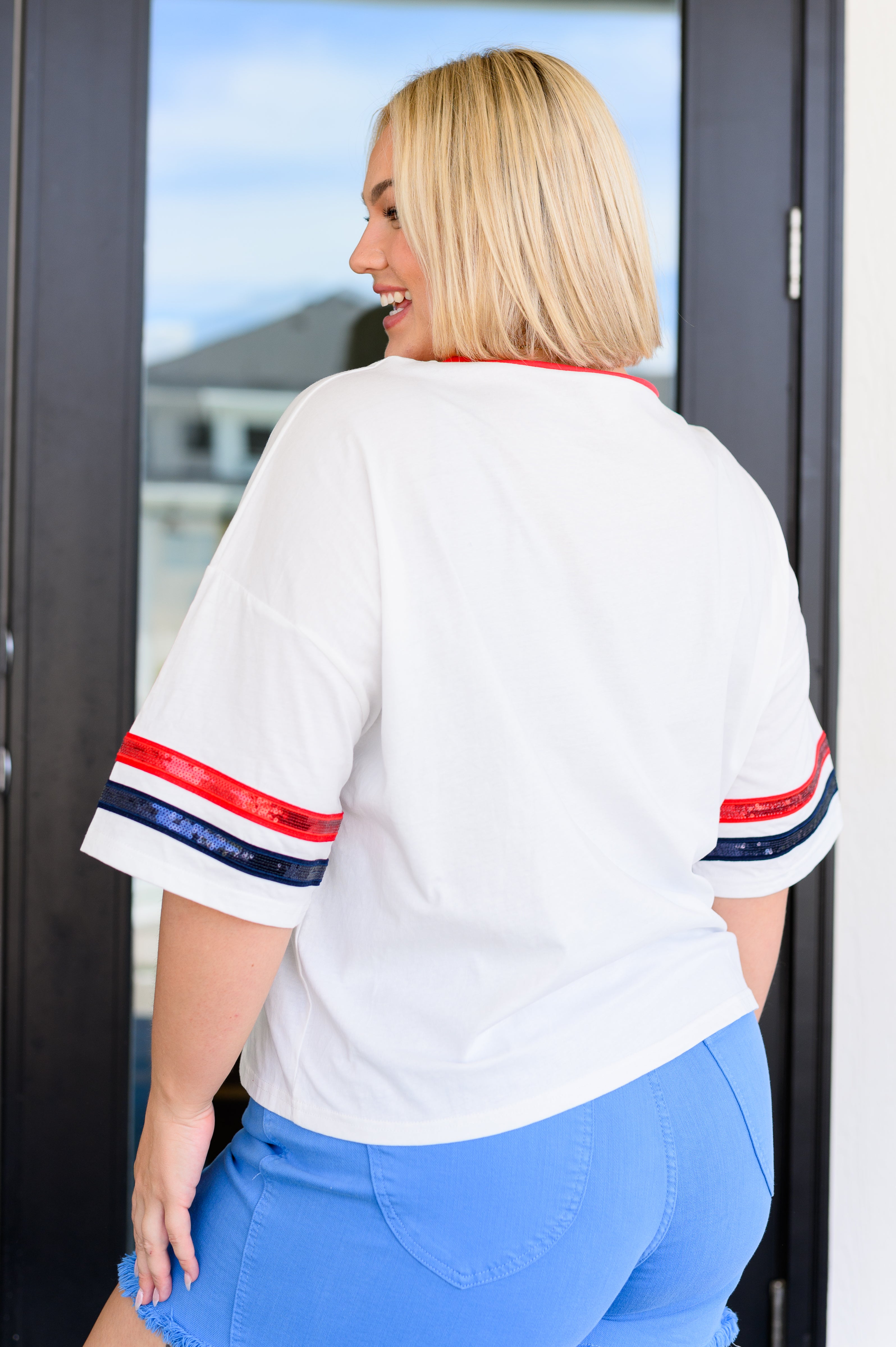 Party In The USA Drop Shoulder Top - Trendy Off Shoulder Blouse for Women | Perfect for 4th of July, Girls Night Out & Summer Festivals