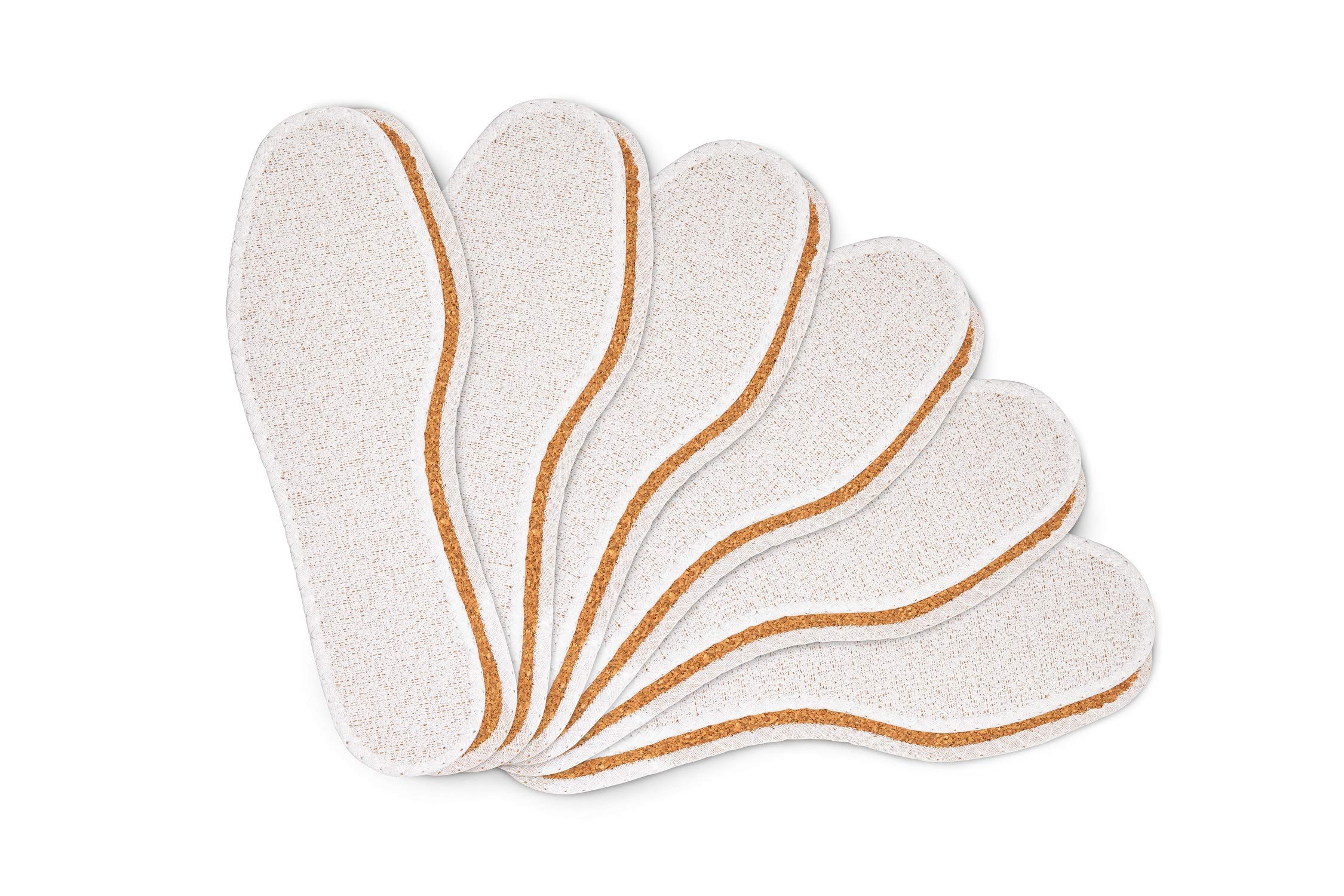 6-Pair Natural Cork & Terry Cloth Shoe Insoles for Men & Women - Ultra Lightweight Arch Support - Size 44 EU/10 UK - Perfect for Running, Hiking & All-Day Comfort