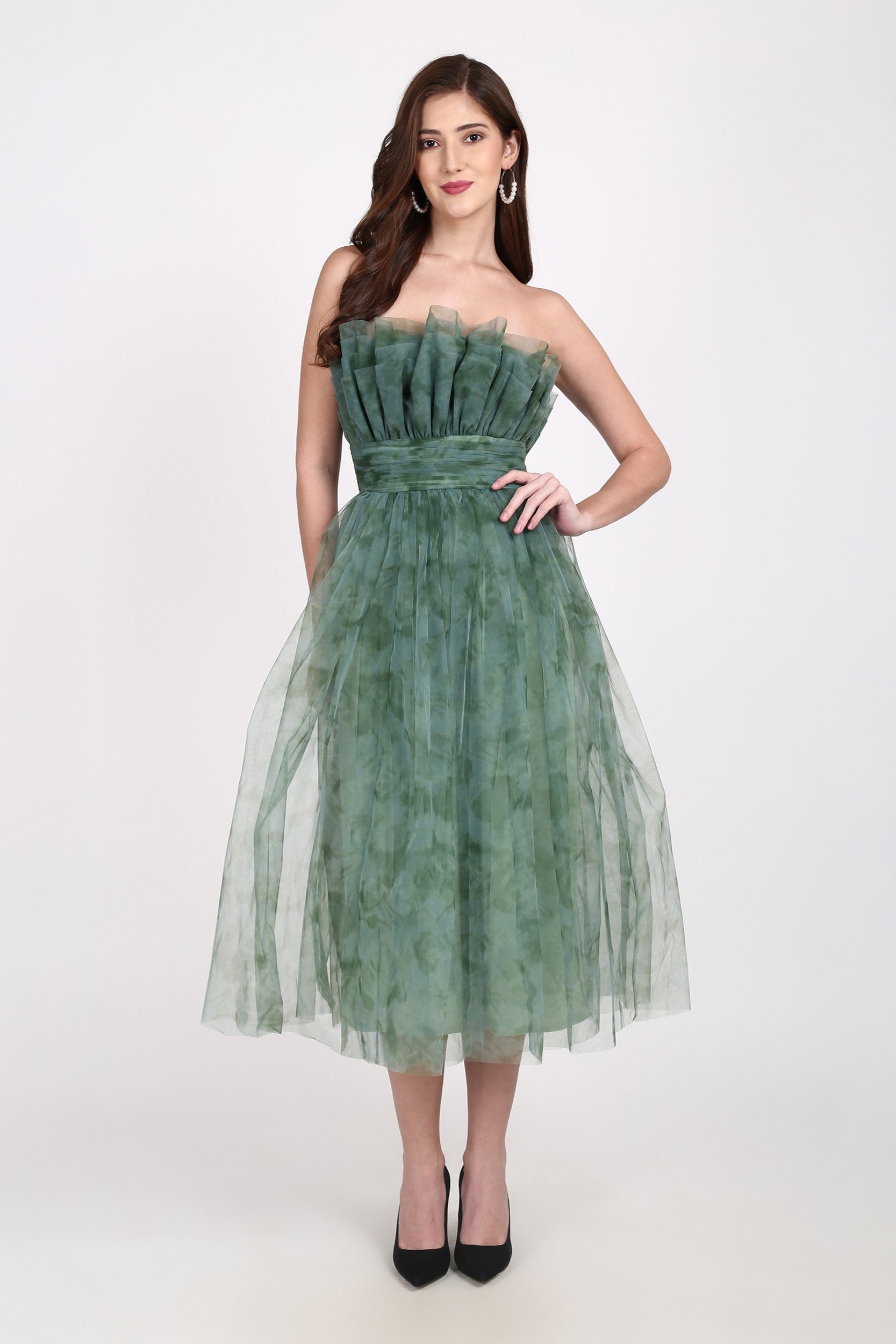Veriry Women's Green Floral Print Tulle Midi Dress - Elegant Party, Wedding Guest & Special Occasion Outfit