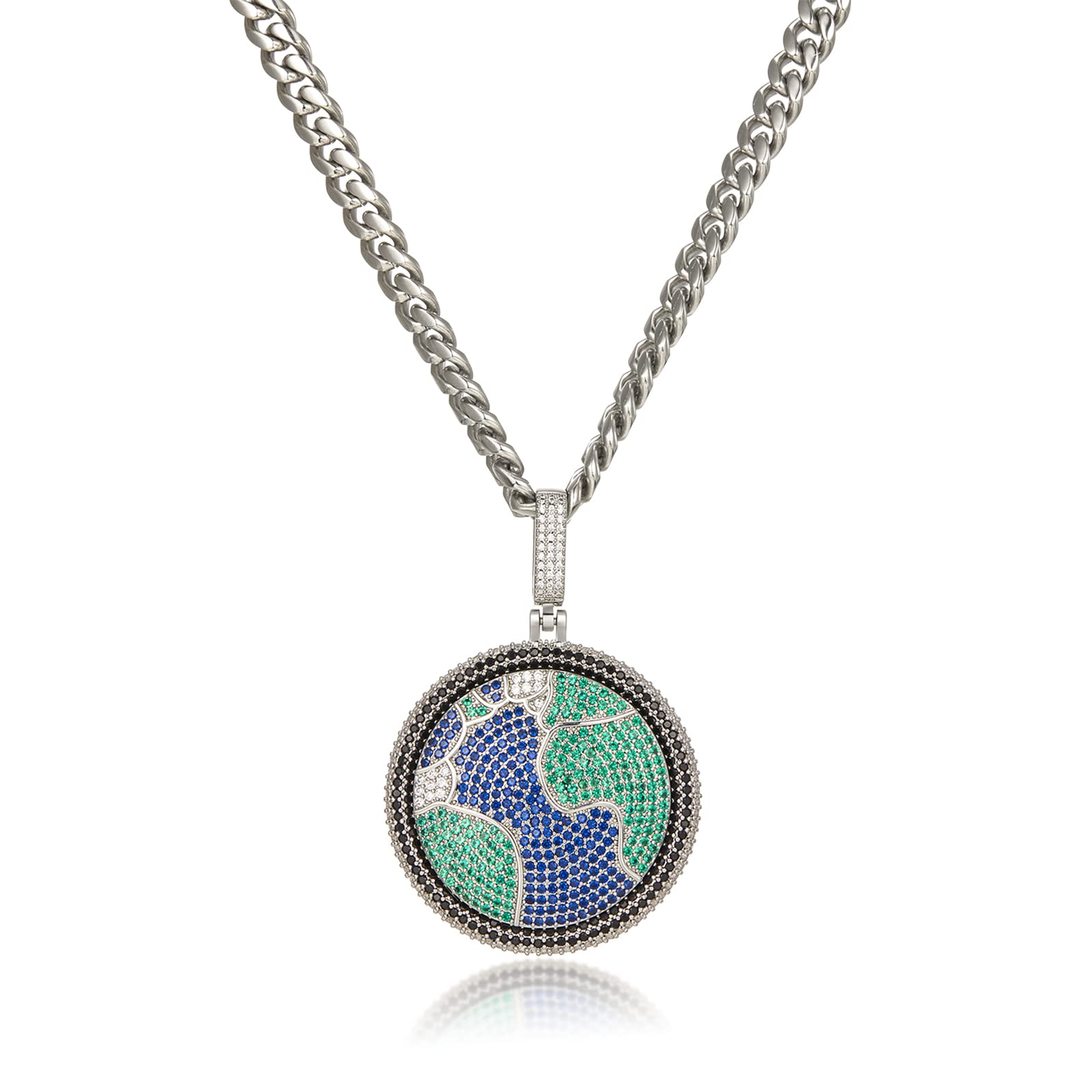 Iced Out Pendant Necklace - 18k Gold Plated Hip Hop Jewelry with Personalized Earth Design | CZ Diamond Pendant for Men & Women | 8mm 24in Stainless Steel Gold Cuban Chain | Perfect for Parties, Gifts & Streetwear Fashion