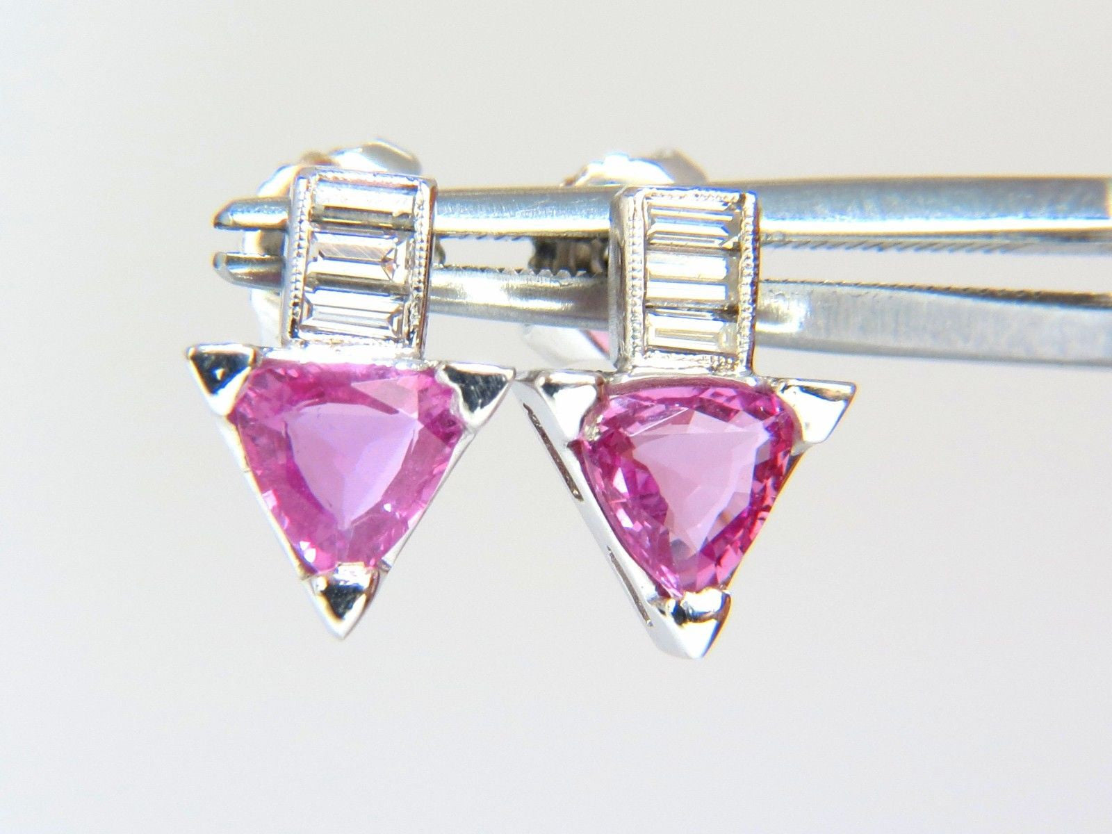 1.90ct Natural Vivid Pink Trilliant Sapphire Diamond Stud Earrings in 14K Gold – Elegant Jewelry for Weddings, Parties & Special Occasions