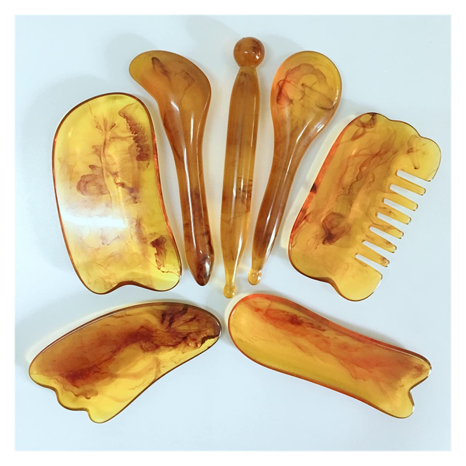 Kigauru 7-Piece Gua Sha Scraper Set - Natural Beeswax Amber Facial Massage Tools for Skin Firming & SPA Therapy - Beauty Scraping Board for Face & Body Care - Perfect for Home Spa & Self-Care Routine (Amber Color)
