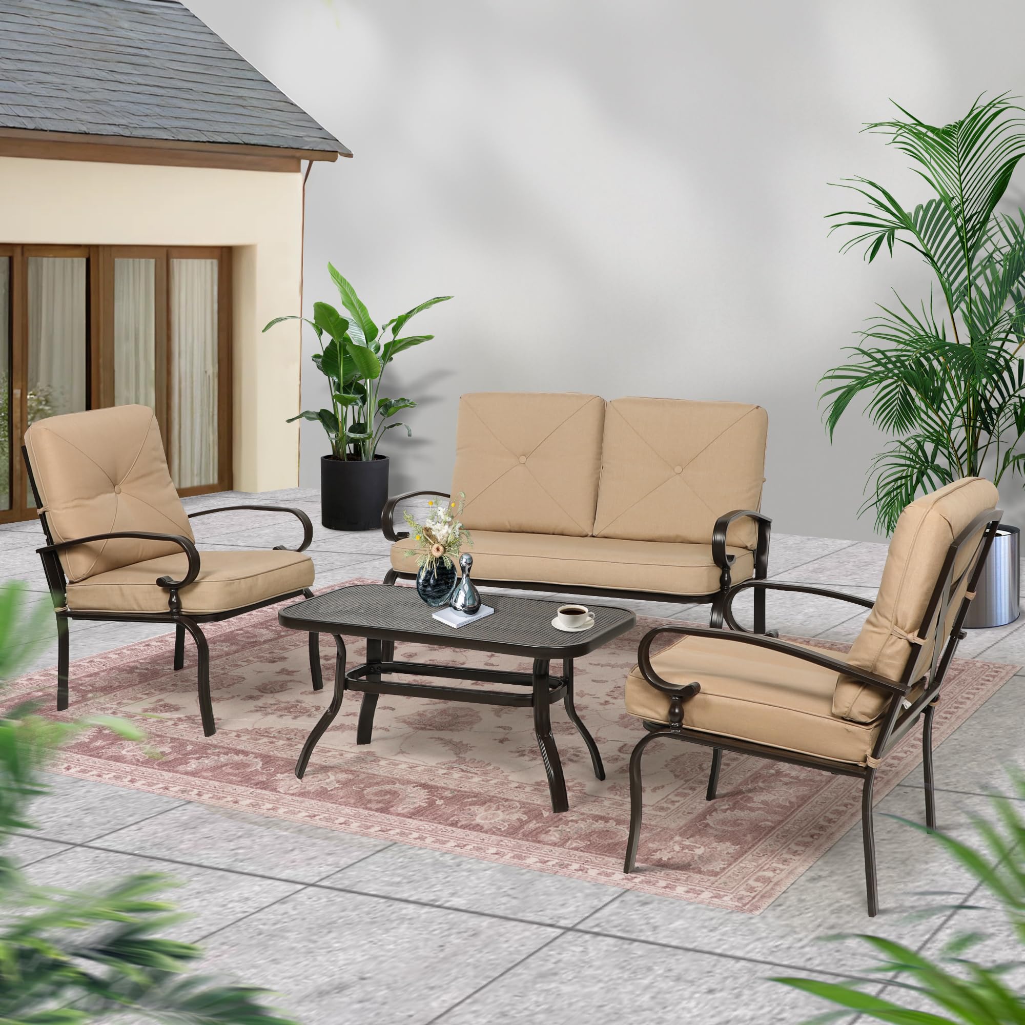 Incbruce 4-Piece Outdoor Metal Patio Furniture Set - Wrought Iron Loveseat, 2 Chairs & Coffee Table with Brown Cushions - Durable Steel Frame for Garden, Backyard, Poolside or Terrace Relaxation