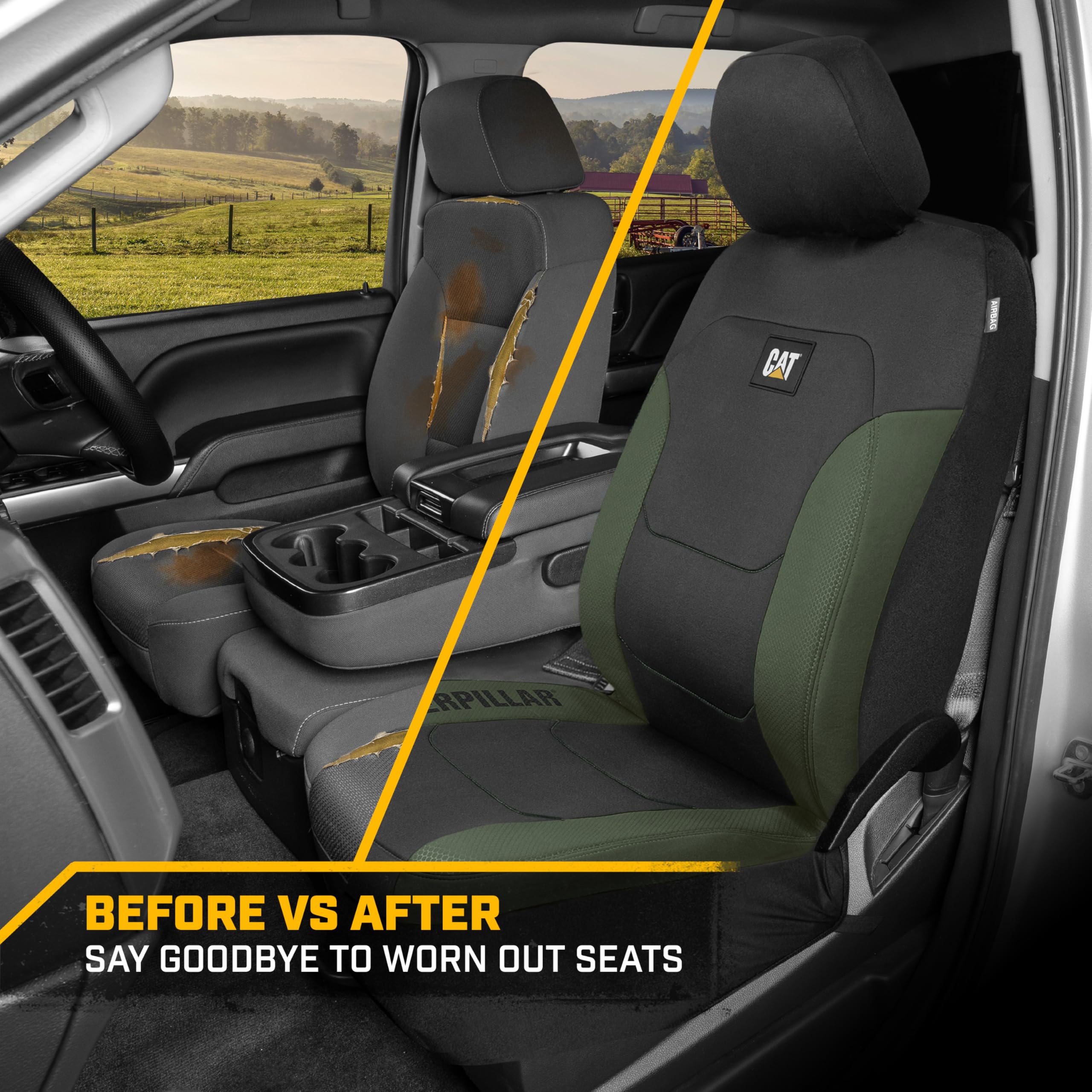 Cat Flexfit Green Black Car Seat Covers for Cars, Trucks & SUVs - 2-Piece Front Seat Protectors with Airbag Compatibility | Durable SUV & Truck Interior Accessories | Perfect for Road Trips, Commuting & Pet Protection
