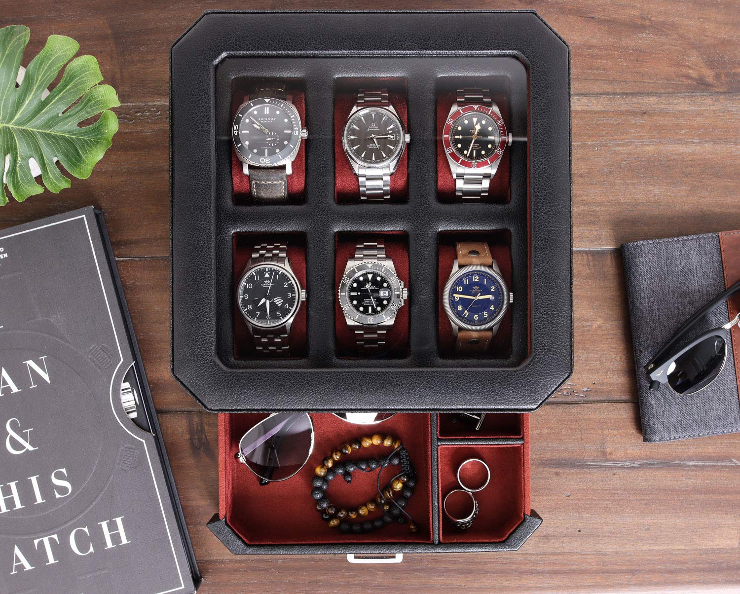 Premium ROTHWELL 6-Slot Leather Watch Box with Valet Drawer - Luxury Watch Display Case Organizer with Microsuede Lining & Locking Mechanism - Large Glass Top Jewelry Storage for Men (Black/Red) - Perfect for Watch Collectors, Gifts & Home Décor