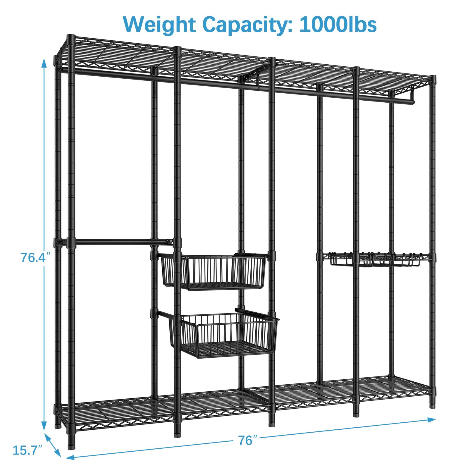 VIPEK V40 Pro Heavy Duty Portable Closet Wardrobe - Freestanding Clothes Rack with 2 Sliding Storage Baskets & 10 Pants Hangers, 1000lbs Capacity for Bedroom, Living Room, Dorm or Office Organization (Black)