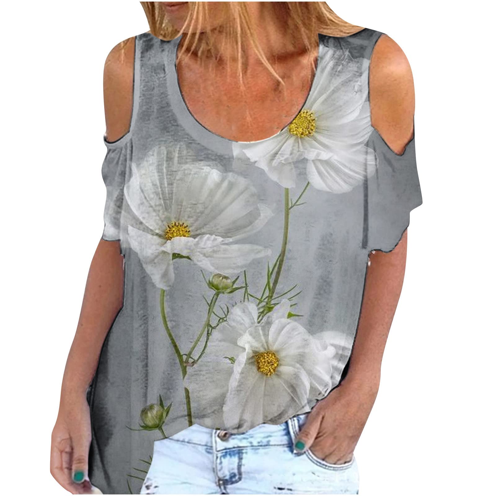 Women's Summer Casual Cold Shoulder Tops - Floral Printed Short Sleeve Blouses & Loose T-Shirts | Perfect for Beach Outings, Vacation Wear and Everyday Comfort