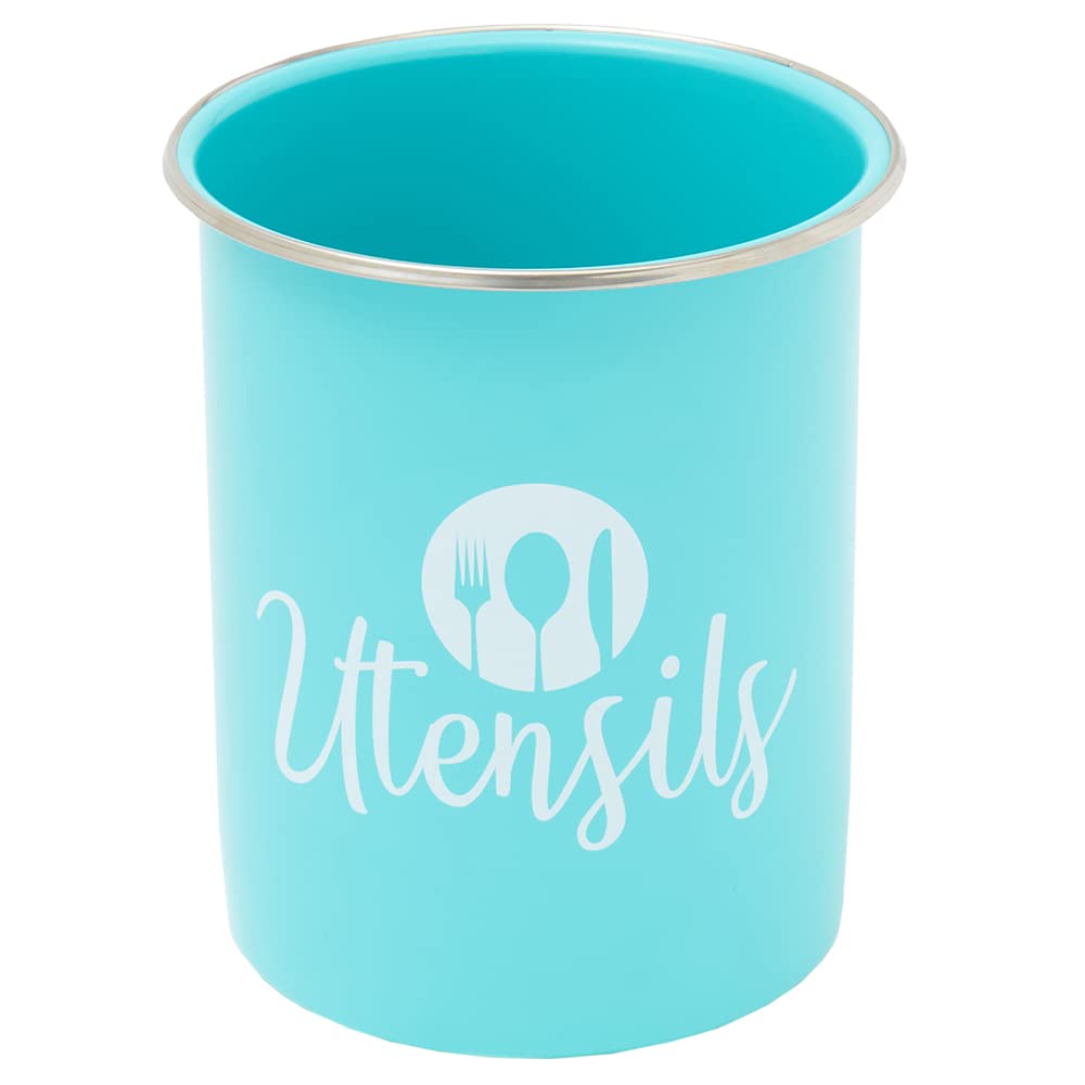 Vintage Turquoise Farmhouse Kitchen Utensil Holder - Large Storage Caddy Organizer with Weighted Base & Graphic Print | Perfect for Countertop Organization, Cooking Tool Storage, and Farmhouse Style Decor