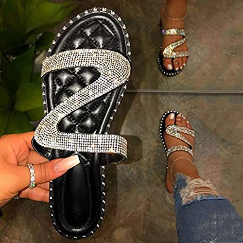 VARWANEO Women's Rhinestone Slippers - Sparkling Casual Flat Sandals for Women - Comfortable Round Toe Beach Slides - Perfect for Poolside, Vacation & Summer Outfits