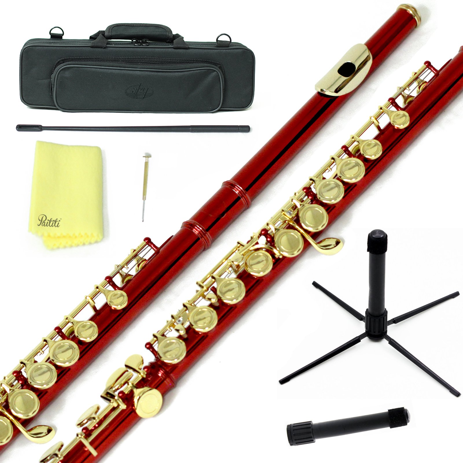 Professional Sky C Flute with Lightweight Case - Includes Cleaning Rod, Cloth, Joint Grease & Screwdriver (Red/Gold, Closed Hole) - Perfect for Beginners, Students & Performers
