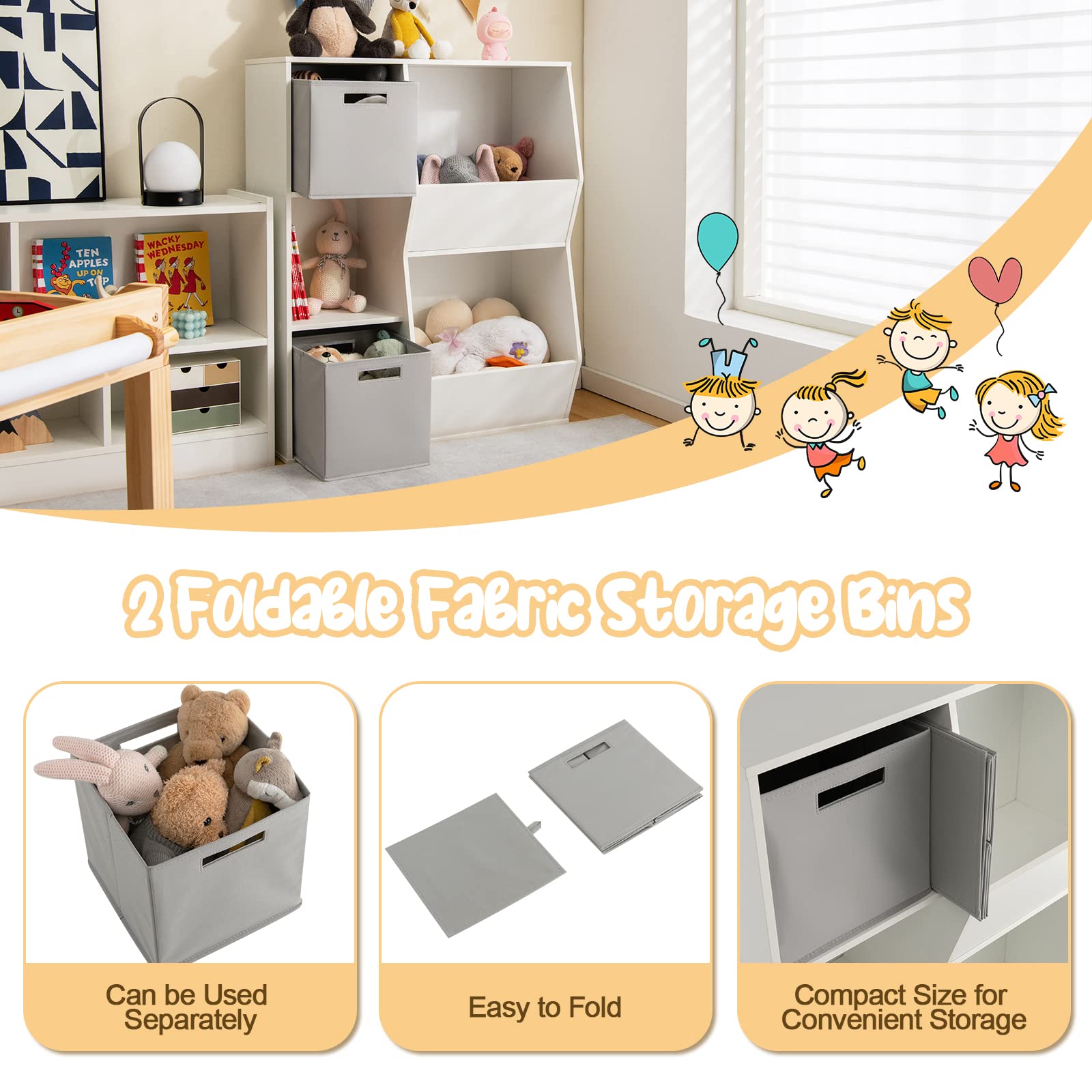 Costzon 5-Cubby Wooden Toy Storage Organizer with Bookcase & Bins - Kids Bookshelf & Toy Cabinet for Toddlers - Playroom, Nursery, Daycare & Living Room Storage Solution (White & Gray) - Perfect for Organizing Toys, Books & Kids' Essentials