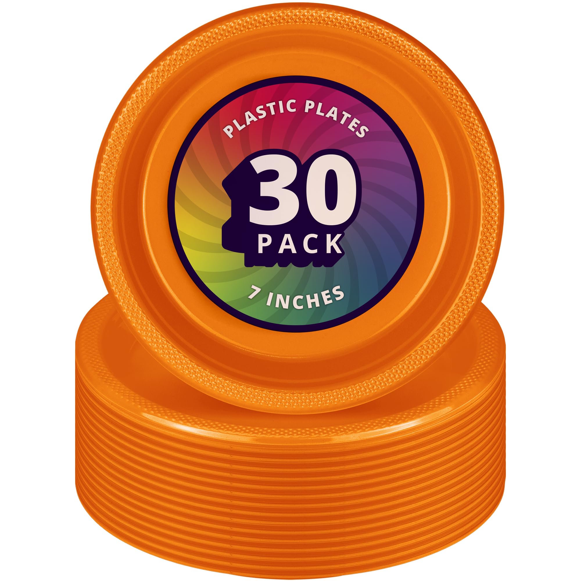 DecorRack 30 Small Plastic Plates - 7 Inch Heavy Duty Disposable Party Plates for Kids Birthday, Cake Dessert, Holiday Tableware - Orange (Pack of 30) - Perfect for Birthday Parties, Baby Showers & Family Gatherings