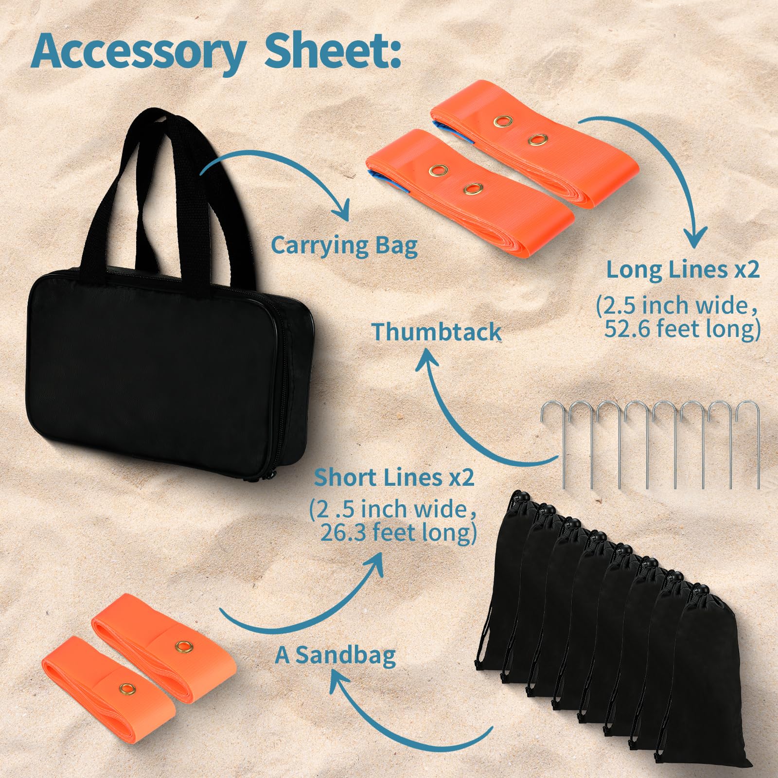 Premium Beach Volleyball Boundary Lines Set - 2.5 Inch High Visibility Sand Court Markers with 8 Stainless Steel Anchors & Sand Bags | Official Size 26.3' x 52.6' | Includes Carry Bag for Outdoor Sports, Backyard Games & Beach Tournaments
