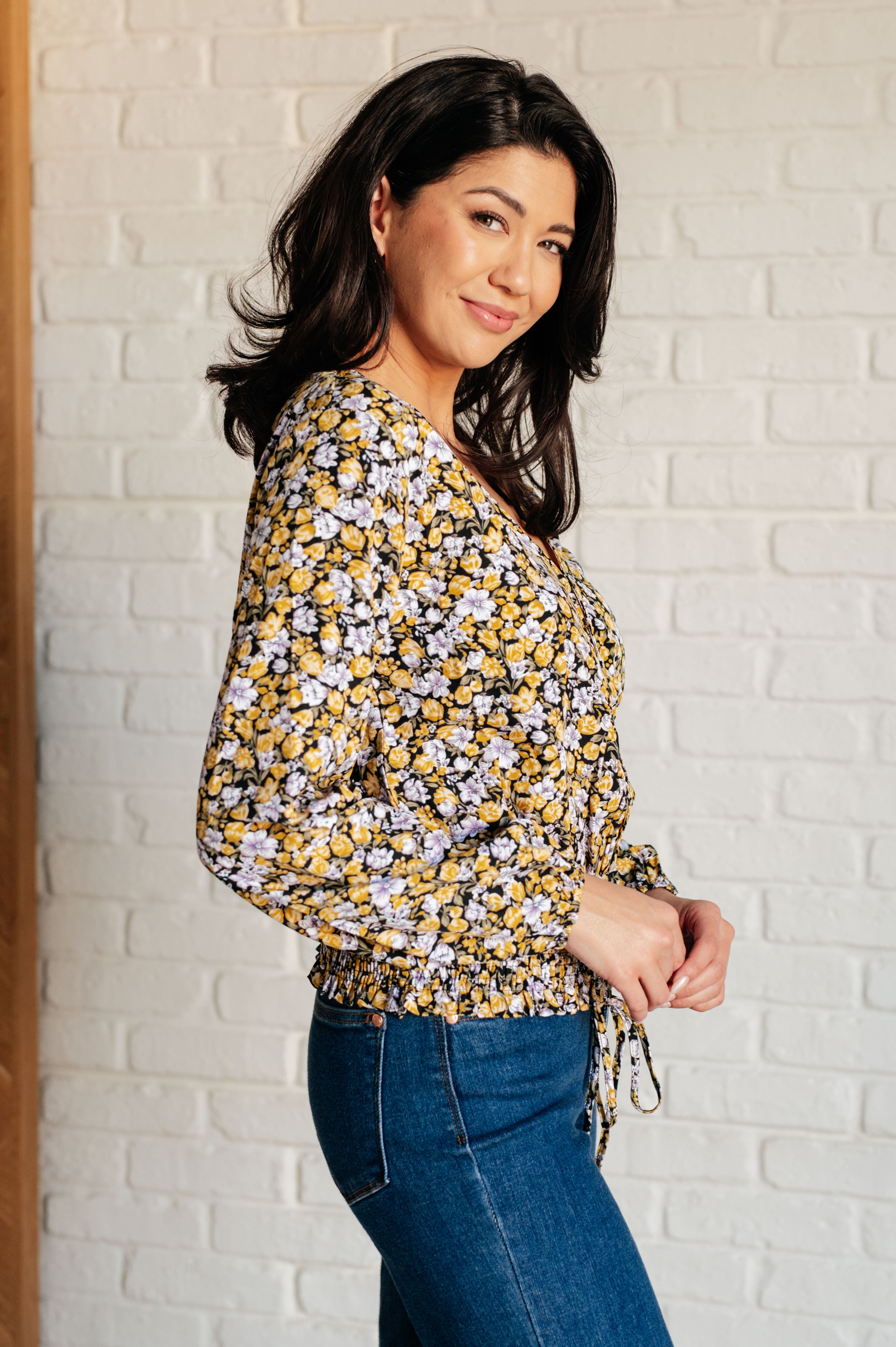 Honey Floral Smocked Blouse for Women - Elegant Black Blouse with Ruffled Sleeves & Floral Embroidery | Perfect for Spring Outfits, Date Nights & Office Wear