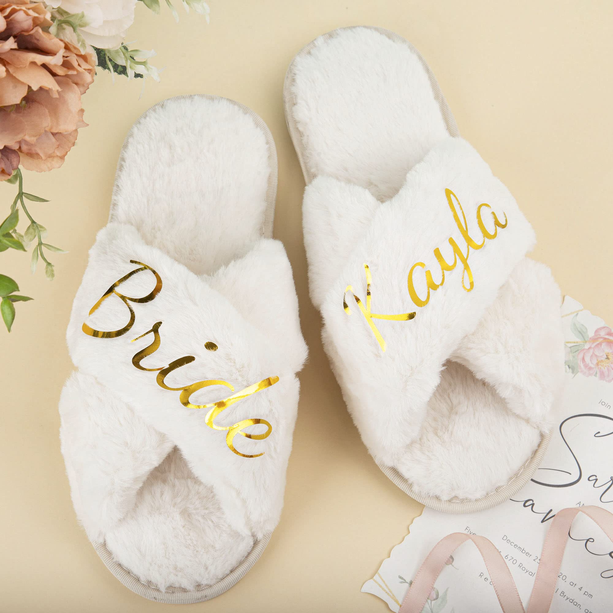 Personalized Bridal Slippers for Women - Soft Fuzzy Cross Band House Slides with Plush Fleece Lining - Custom Wedding, Bridesmaid & Birthday Gifts for Her - Perfect for Bridal Showers, Honeymoon & Cozy Home Relaxation