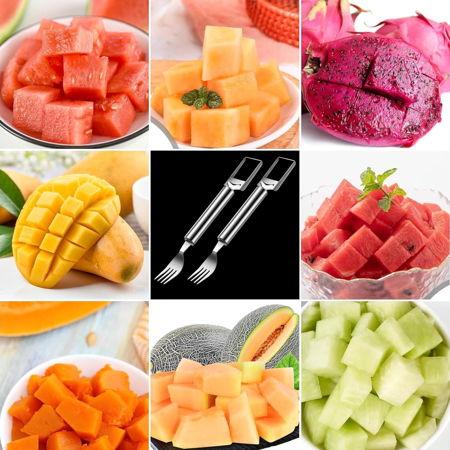 2 in 1 Stainless Steel Watermelon Fork Slicer & Fruit Knife - Durable Kitchen Tool for Easy Watermelon & Fruit Cutting - Perfect for BBQs, Picnics, and Summer Parties (Metallic Silver)